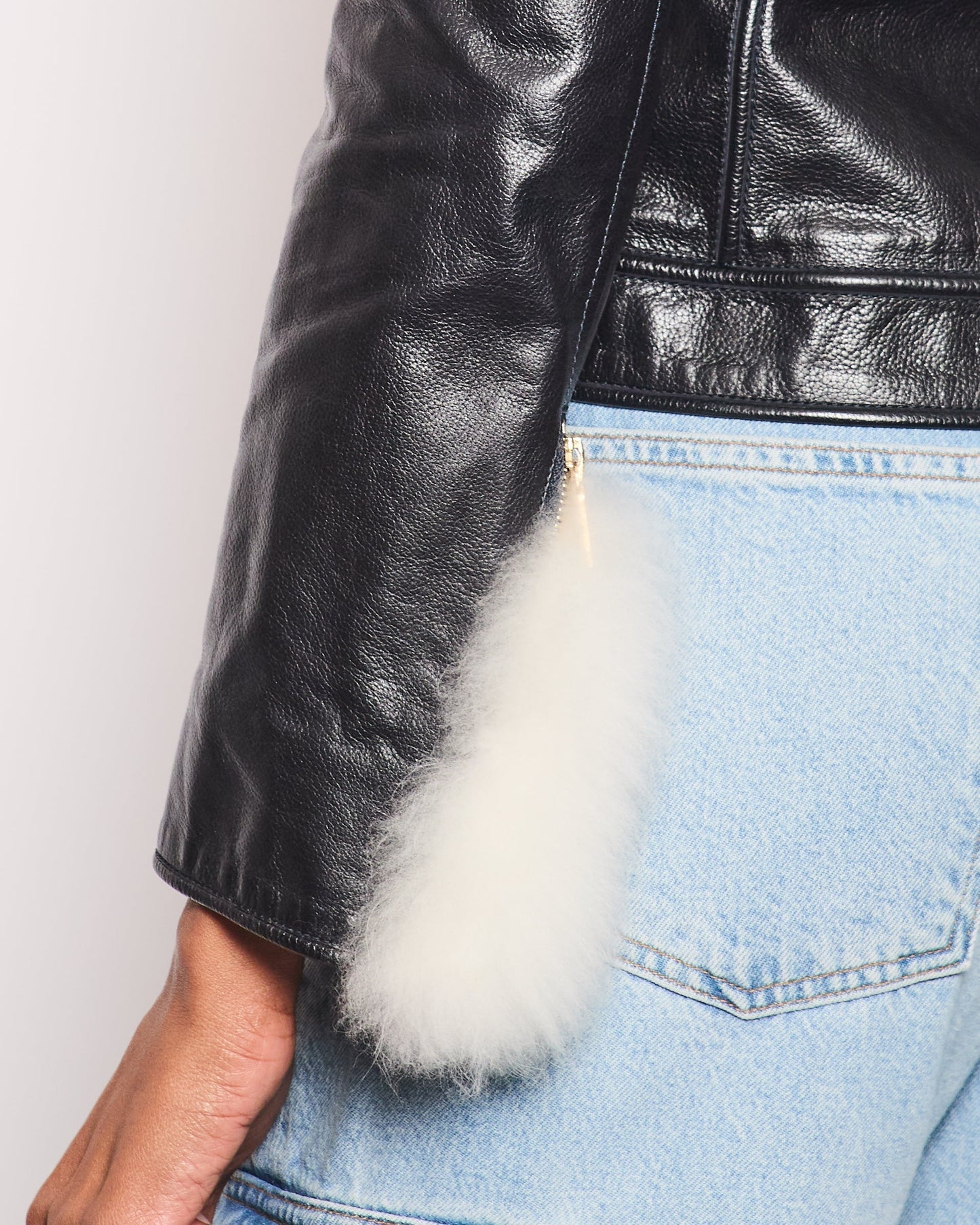 Chanel Black Leather Asymmetric Jacket with White Fur Details and Logo Buttons Detail Size FR 34 (UK 6)