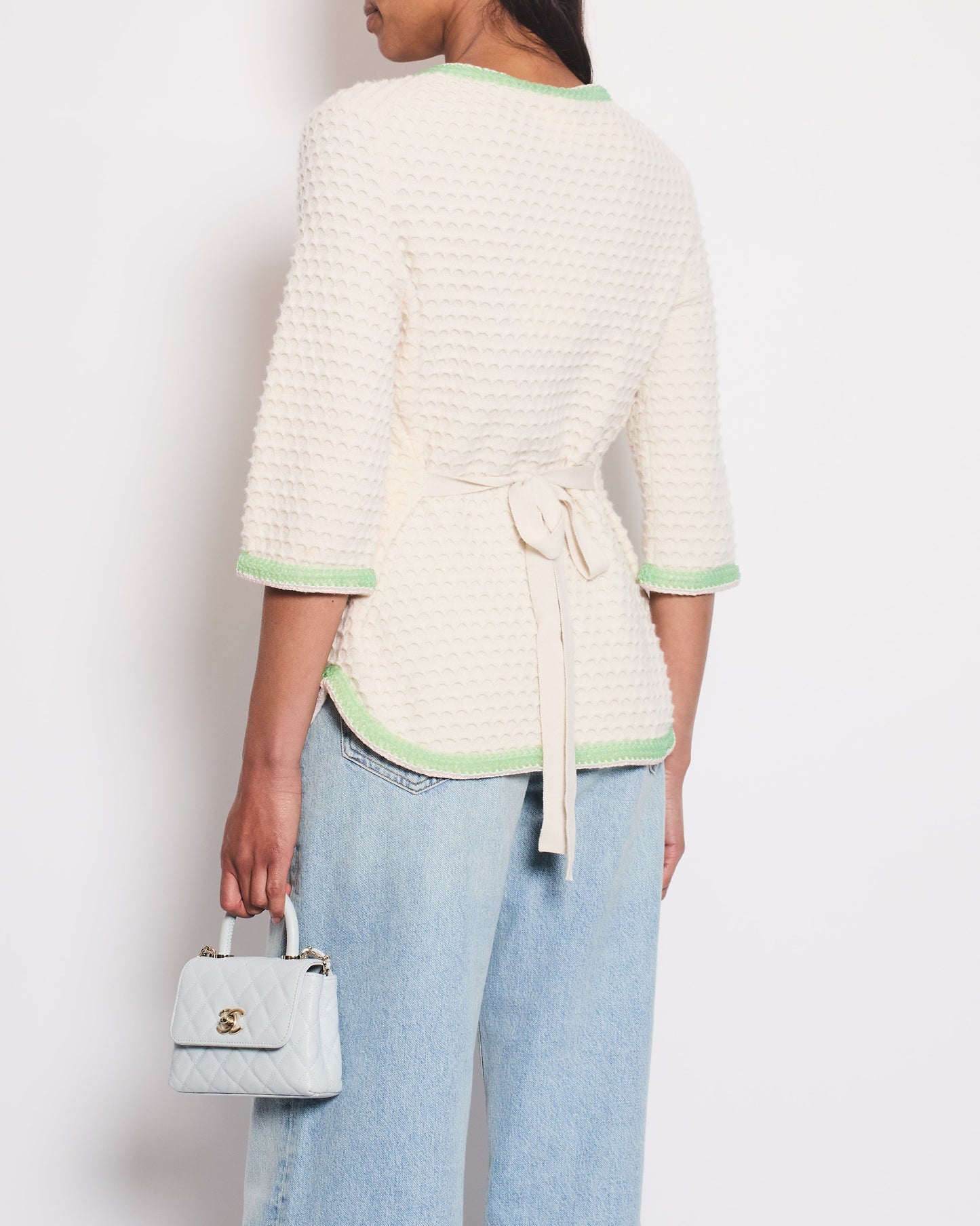 Chanel Cream Cashmere Belted igan With Lilac & Green Woven Trim and Pearl Details Size FR 42 (UK 14)