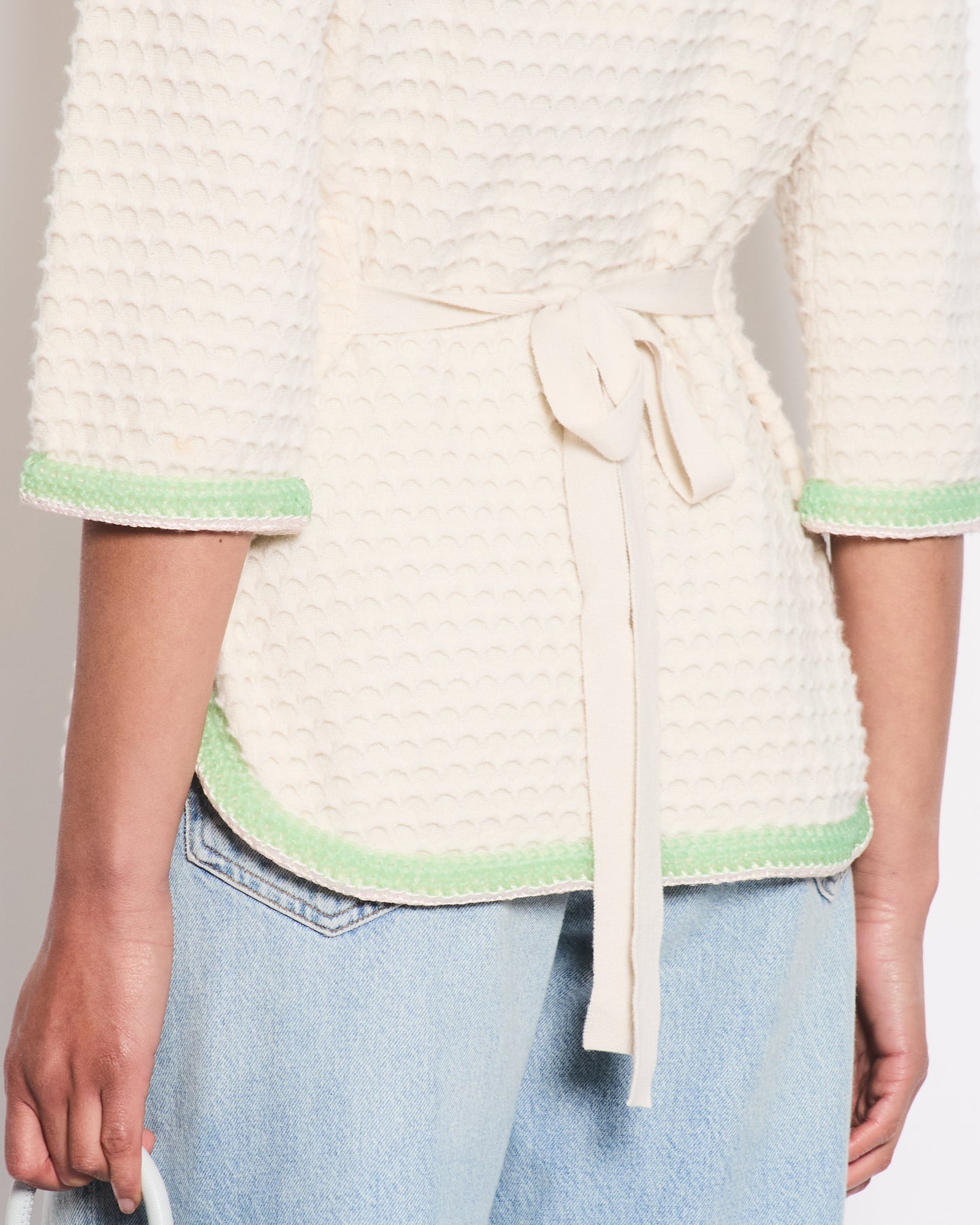 Chanel Cream Cashmere Belted igan With Lilac & Green Woven Trim and Pearl Details Size FR 42 (UK 14)