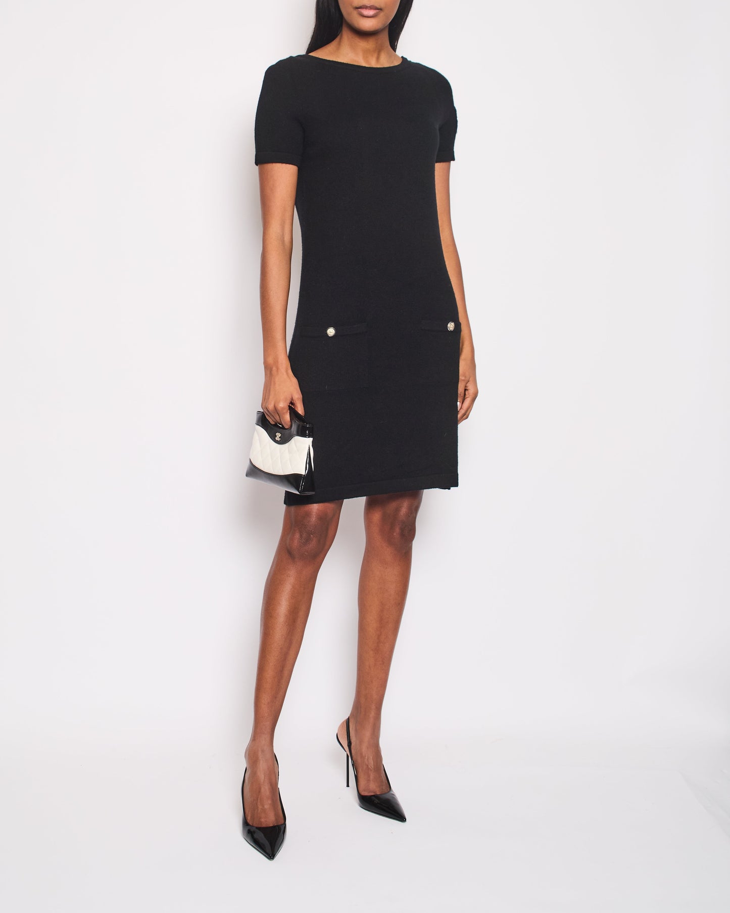 Chanel Black Dress with Gold Logo Patch Detail Size FR 42 (UK 14)
