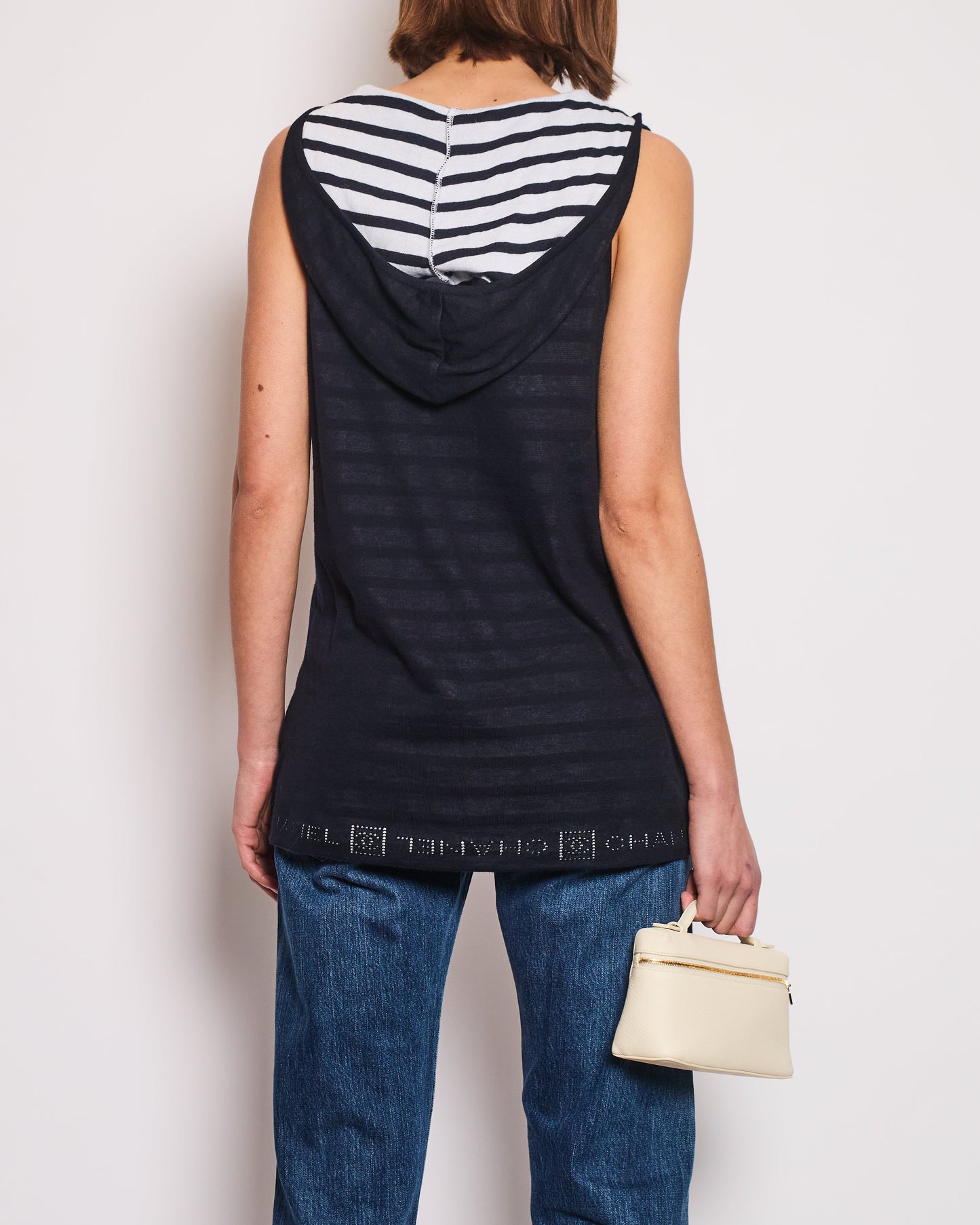 Chanel 09P Navy and White Sleeveless Hoodie Top with Logo Details Size FR 42 (UK 14)