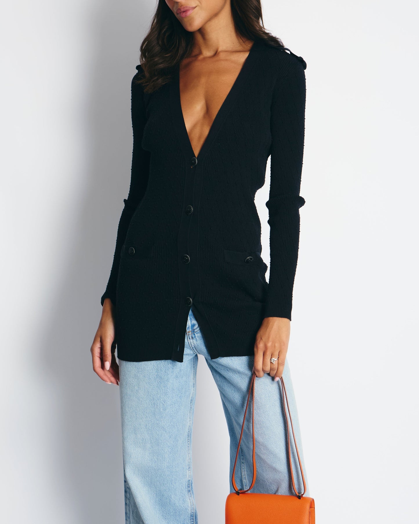 Chanel 16P Black Ribbed igan with Shoulder Button Detail FR 34 (UK 6) RRP ¬£2,450