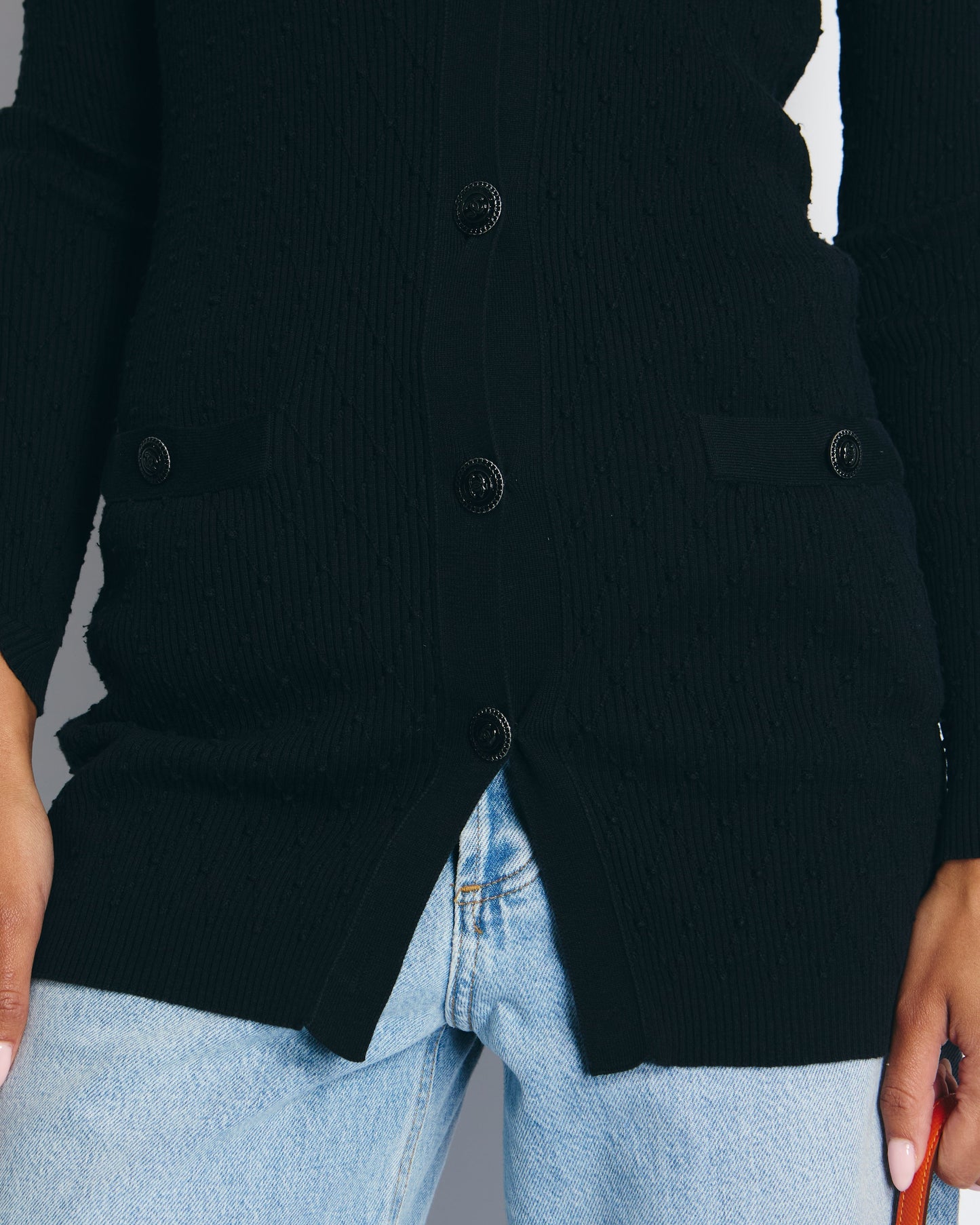 Chanel 16P Black Ribbed igan with Shoulder Button Detail FR 34 (UK 6) RRP ¬£2,450