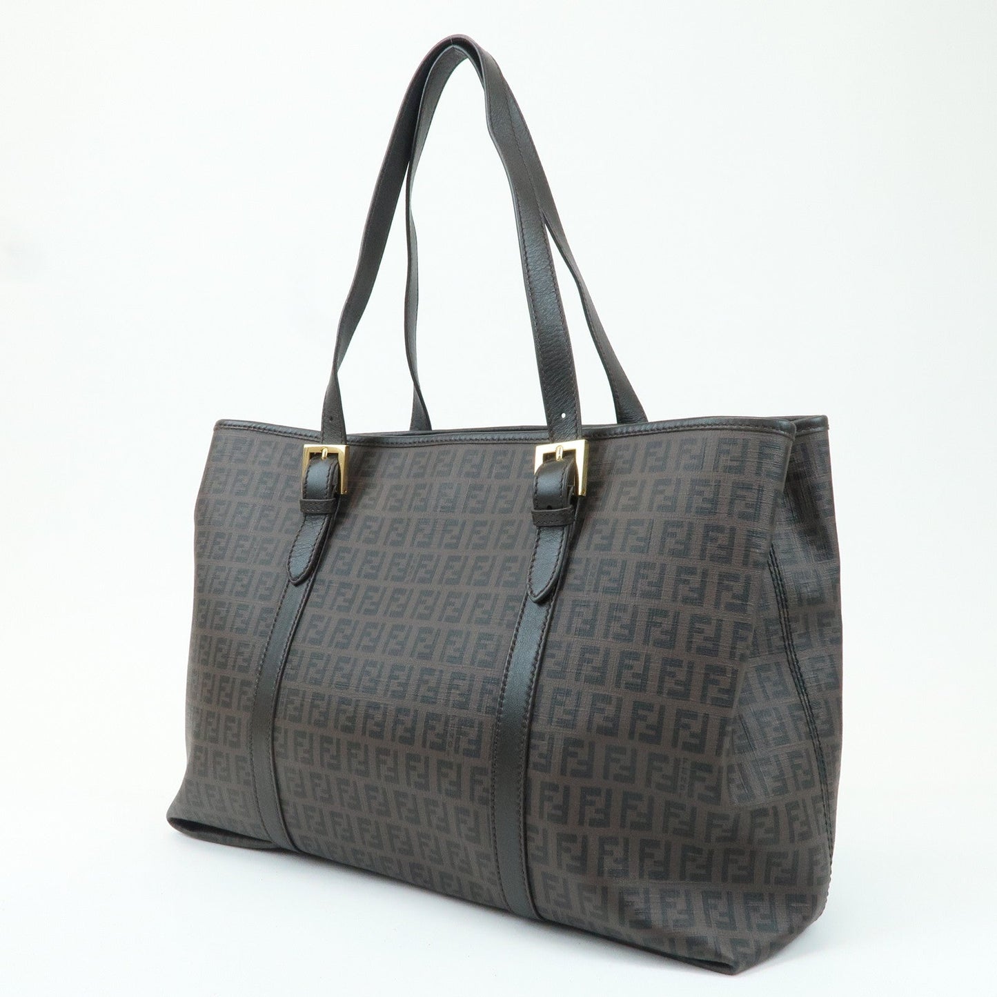 FENDI Zucchino PVC Leather Tote Shoulder Bag Brown Black 8BH238