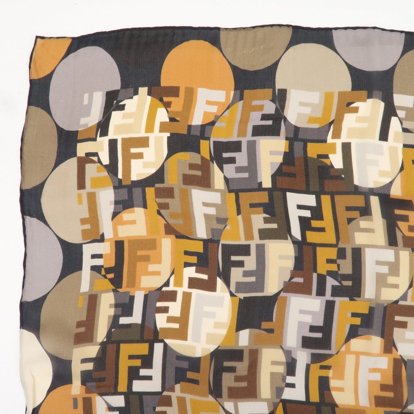 FENDI Silk 100% Scarf Logo Print Multi Color Brown