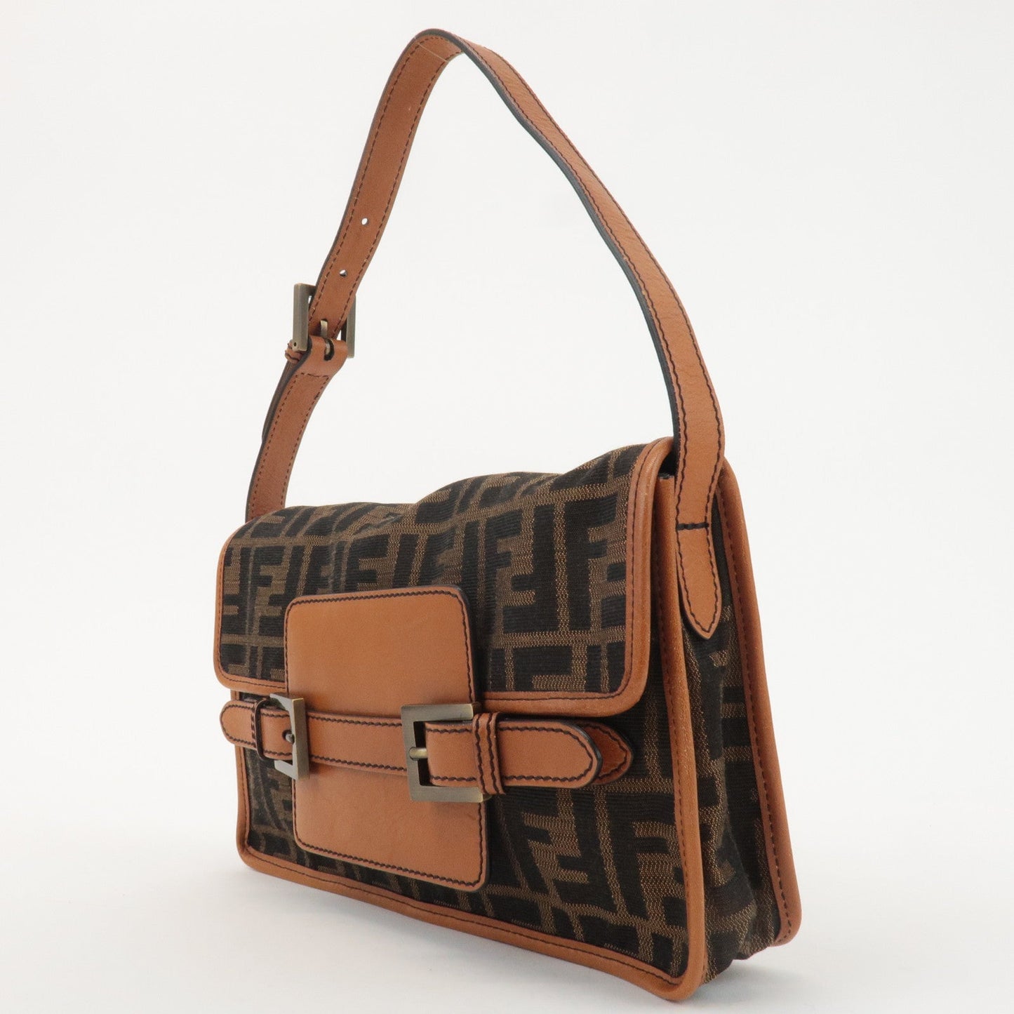 FENDI Zucca Canvas Leather Shoulder Bag Khaki Black Brown 8BR553