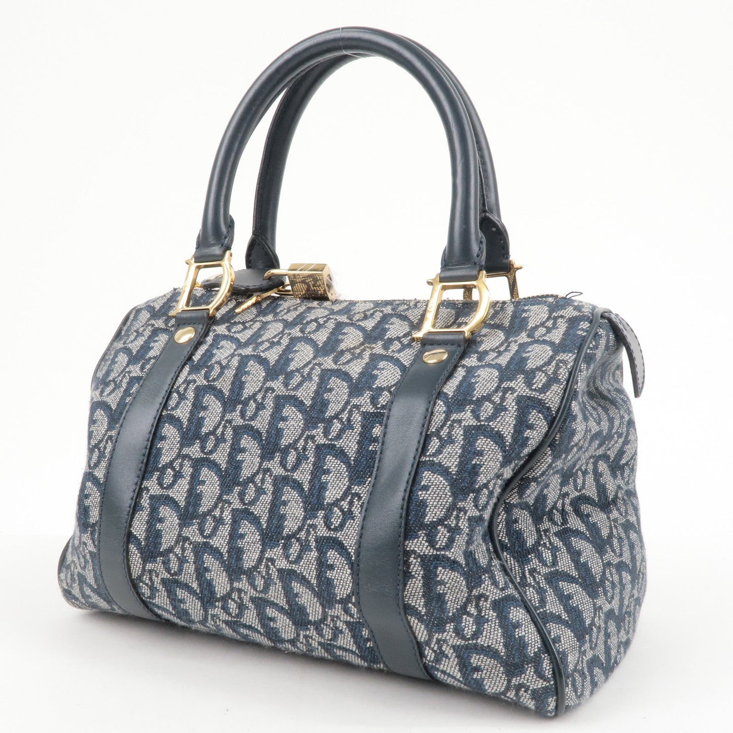 Christian Dior Trotter Canvas Leather Boston Bag Hand Bag Navy
