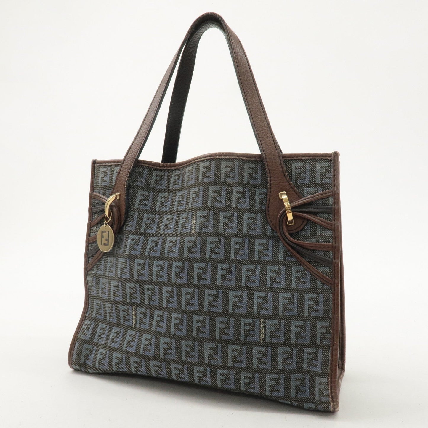FENDI Zucchino Canvas Leather Tote Bag Brown Blue Black 8BH152