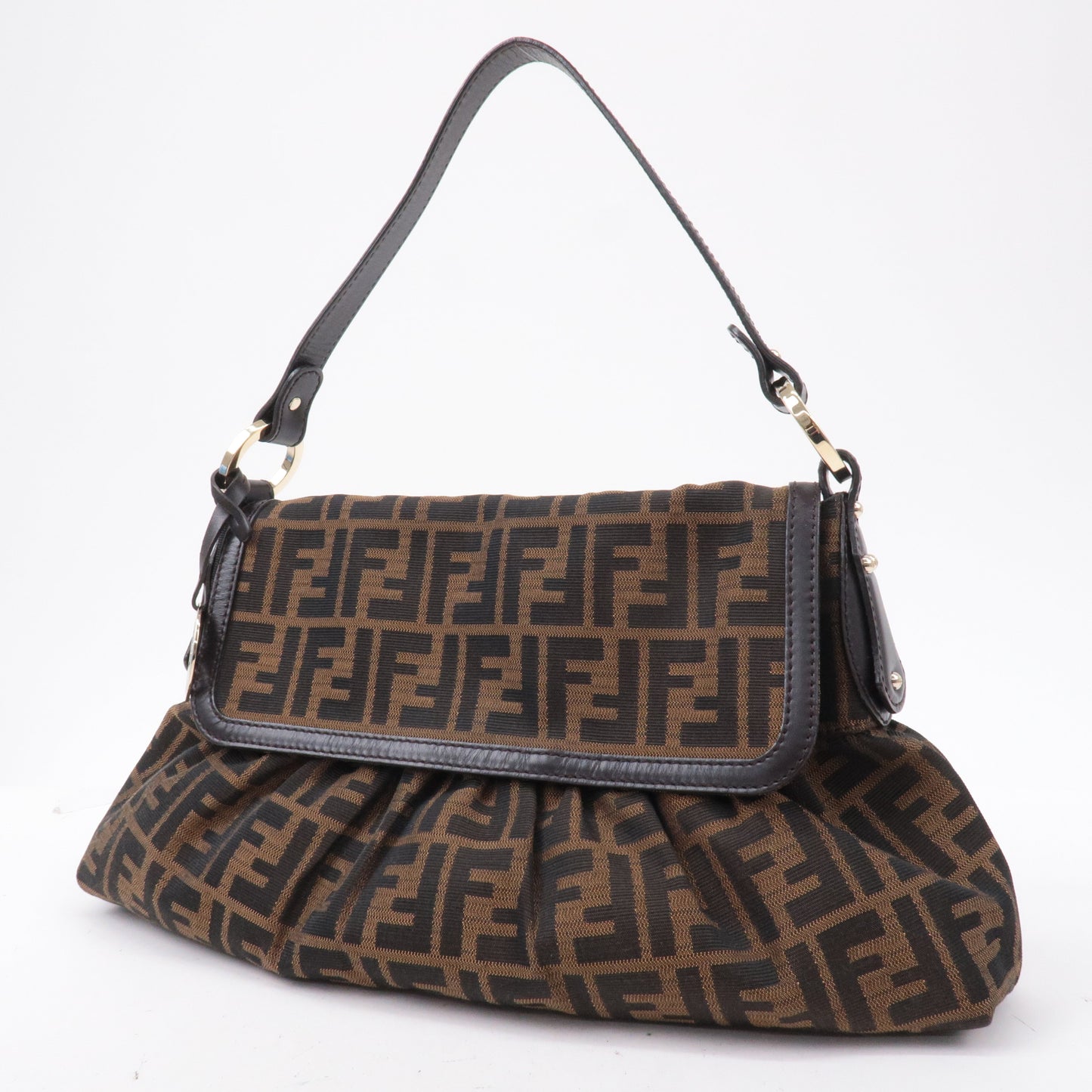 FENDI Zucca Canvas Leather Shoulder Bag Brown Black 8BR436