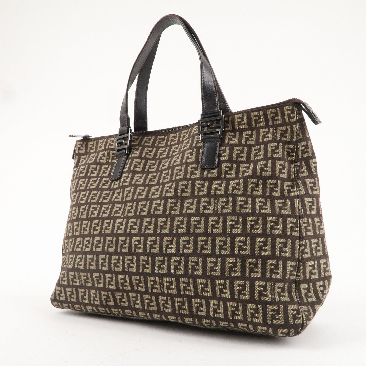 FENDI Zucchino Canvas Leather Tote Bag Hand Bag Beige Brown 8BH138