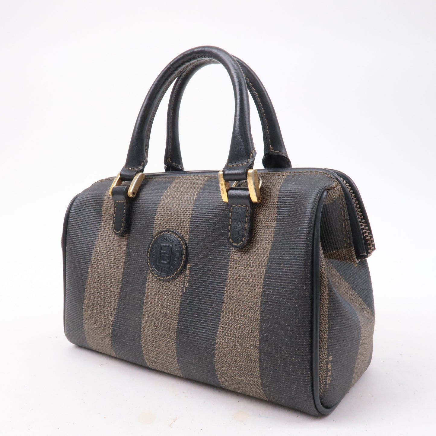 FENDI Pequin PVC Leather Mini Boston Bag Hand Bag Khaki Black