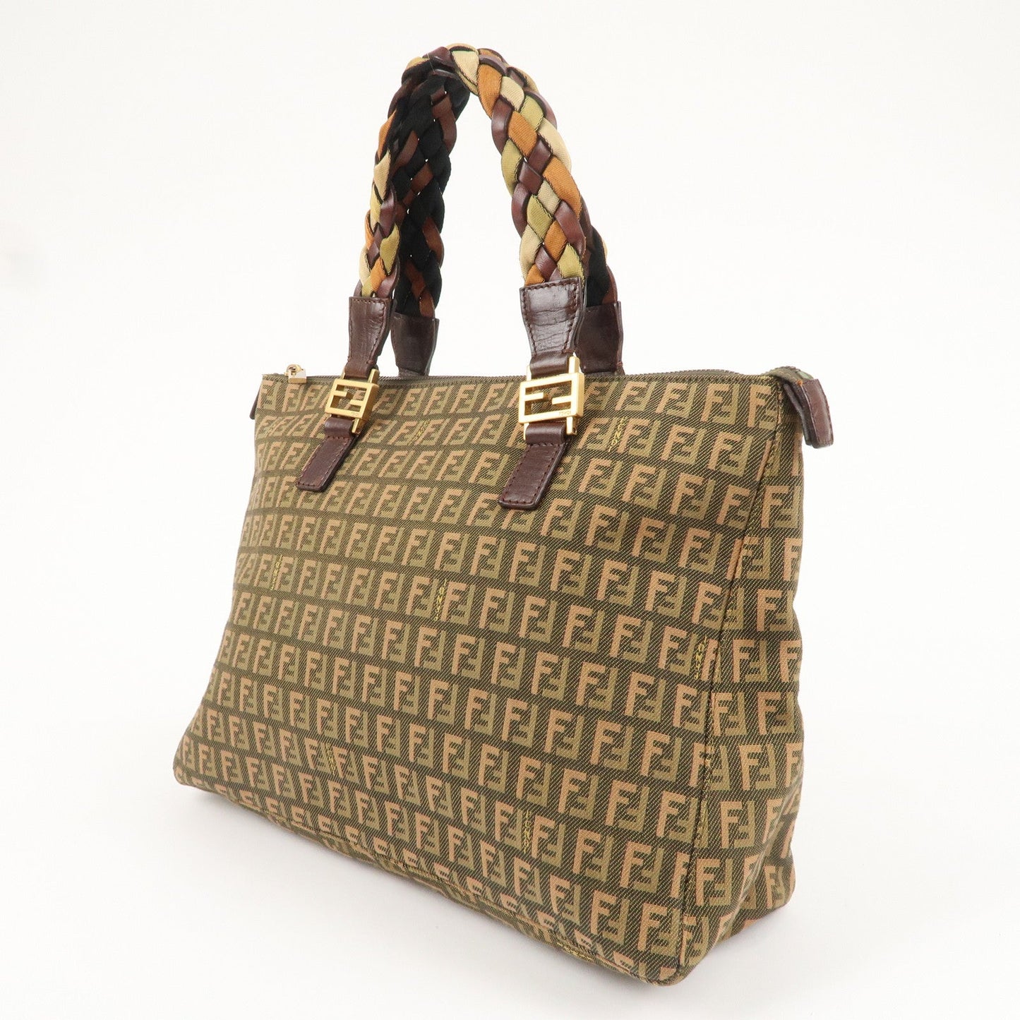 FENDI Zucchino Canvas Leather Tote Bag Khaki Brown 8BH138