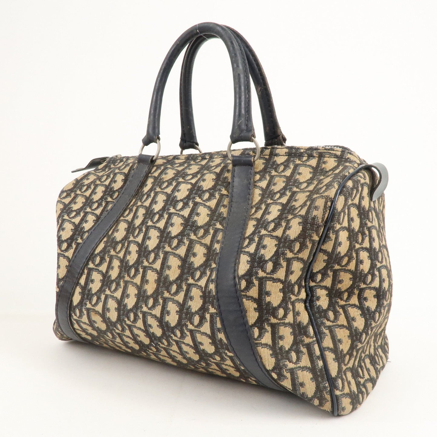 Christian Dior Trotter Canvas Leather Boston Bag Navy Beige