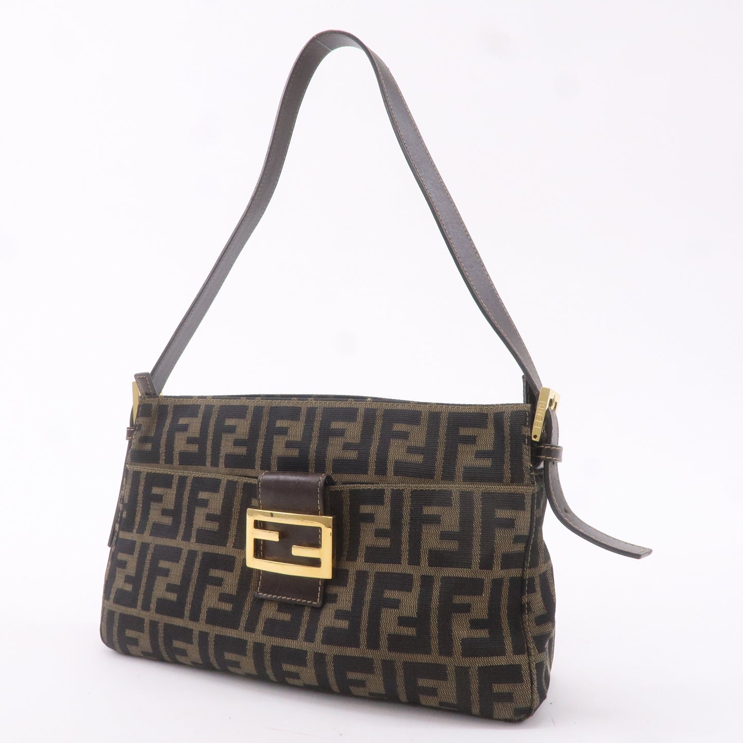 FENDI Zucca Canvas Leather Shoulder Bag Brown Black