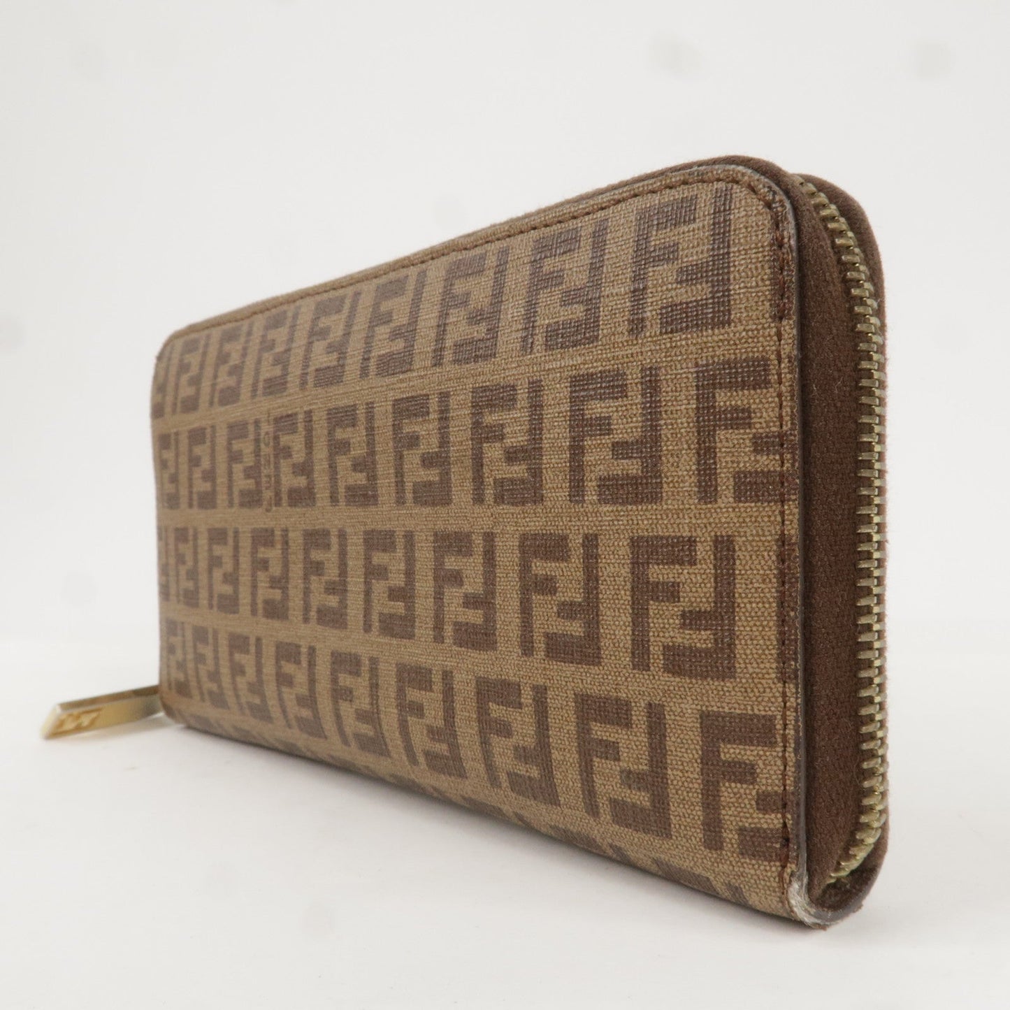 FENDI Zucchino PVC Round Zipper Long Wallet Brown 8M0024