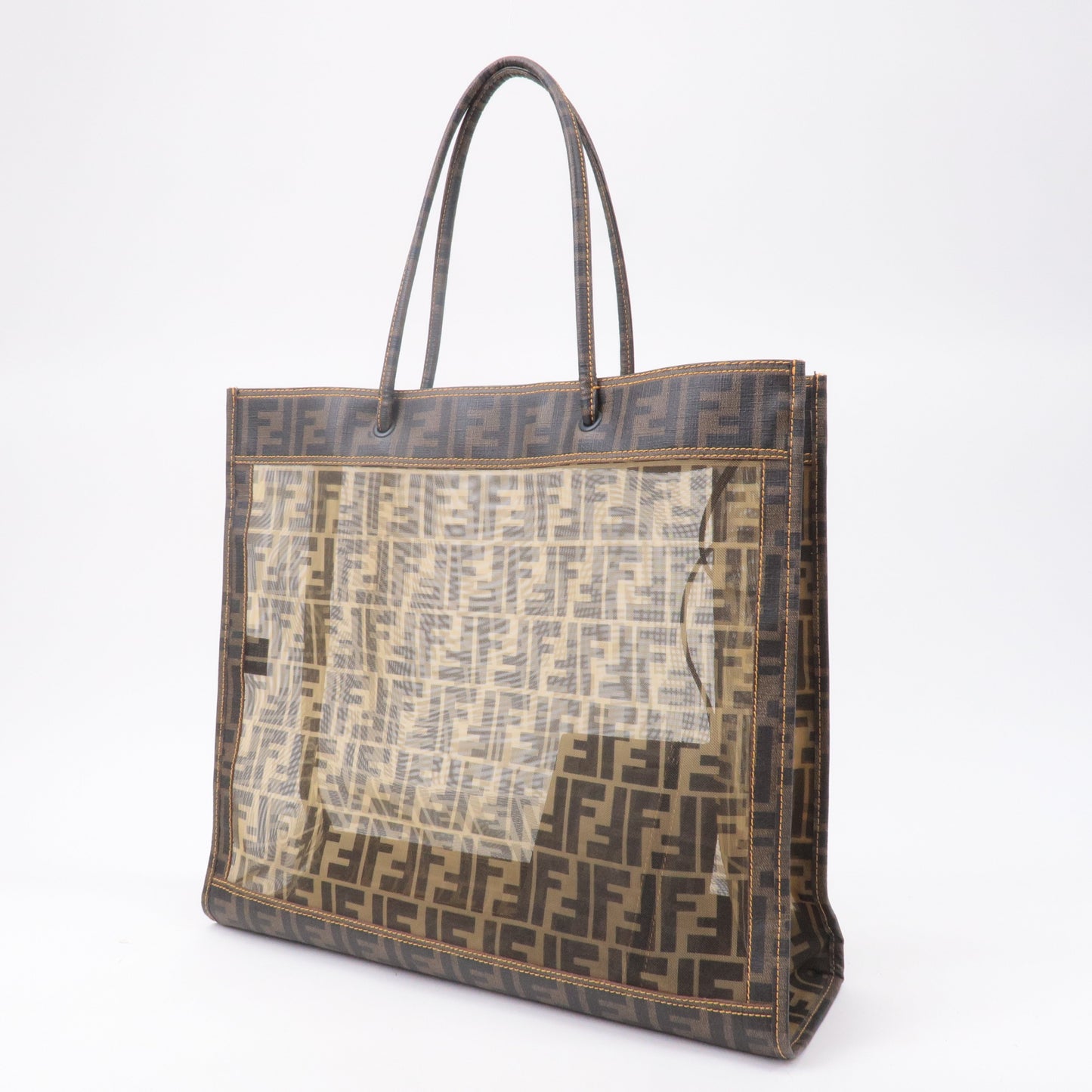 FENDI Zucca Mesh PVC Tote Bag Khaki Black Brown 8BH184