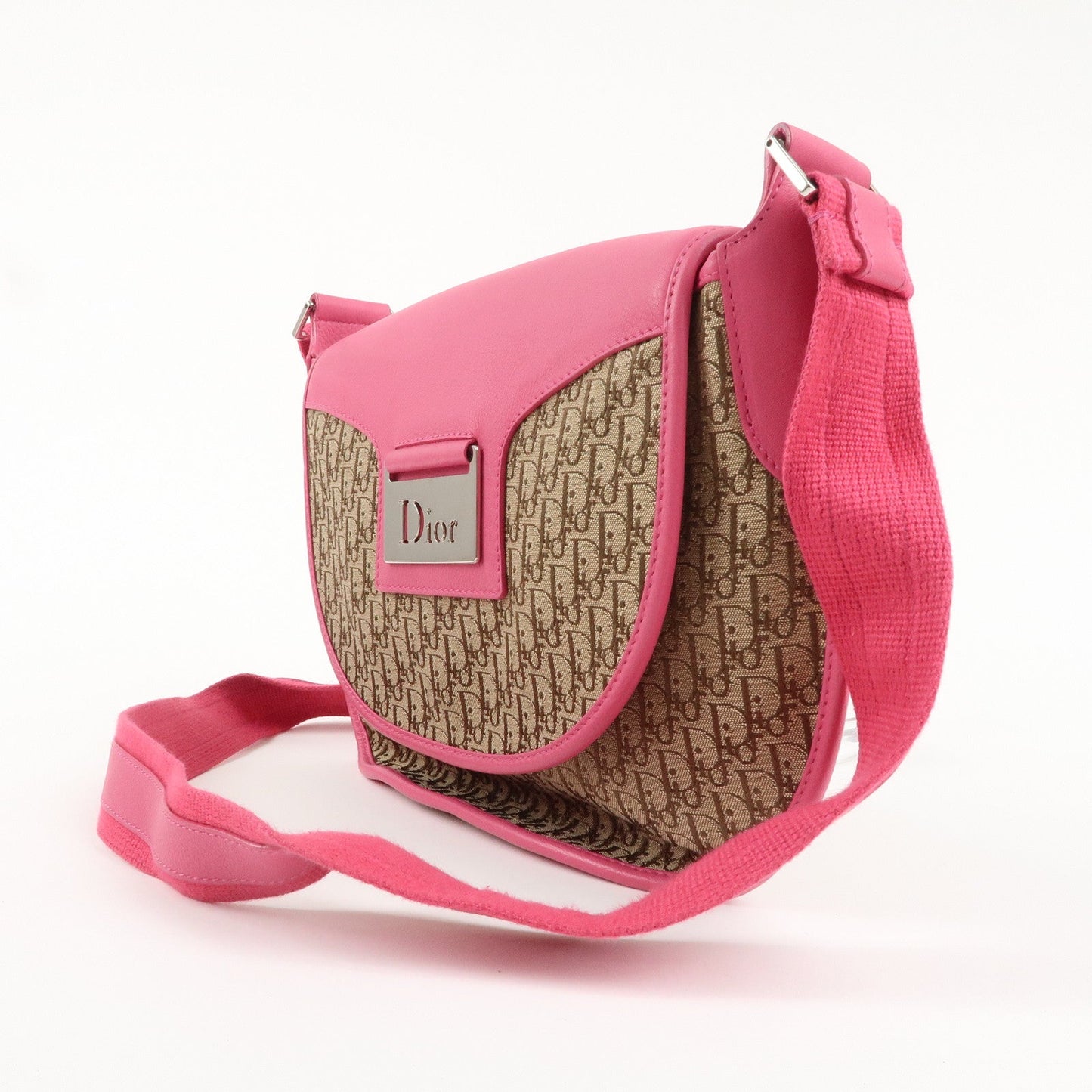 Christian Dior Trotter Canvas Leather Shoulder Bag Beige Pink