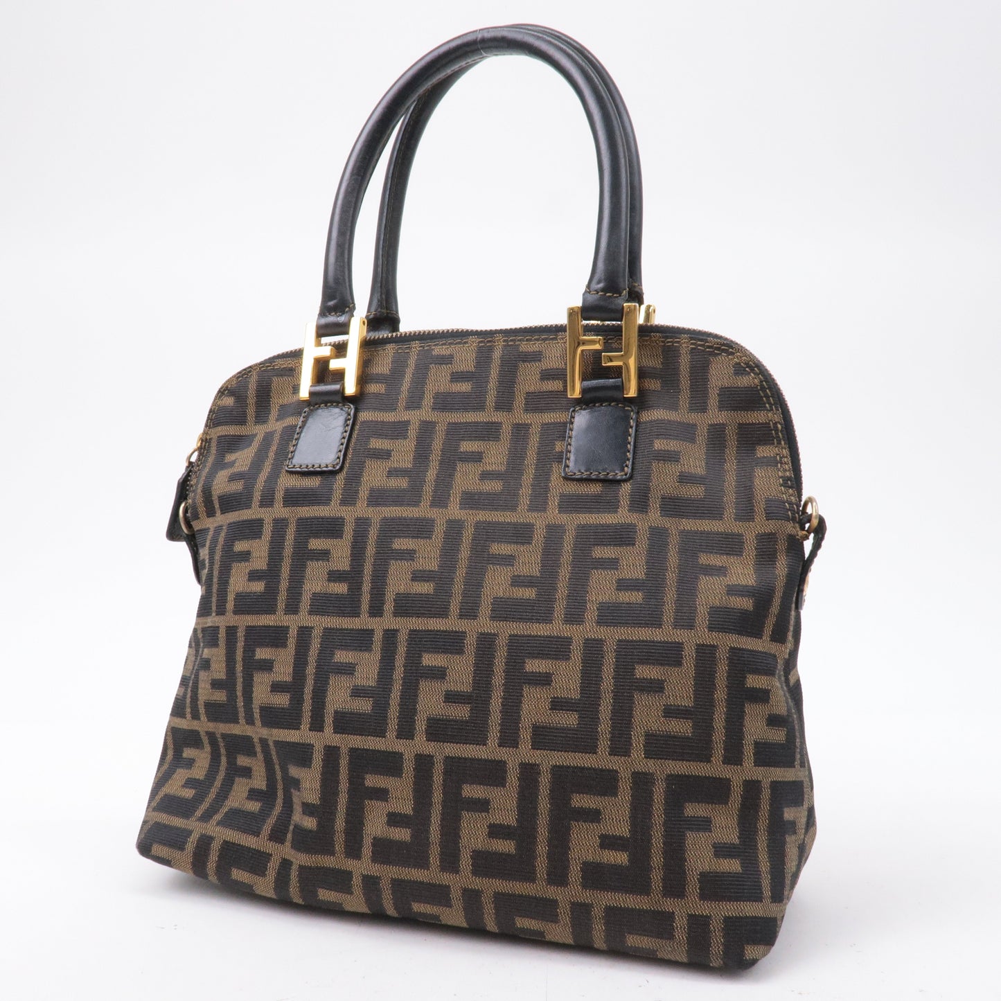 FENDI Zucca Canvas Leather Hand Bag Tote Bag Khaki Black