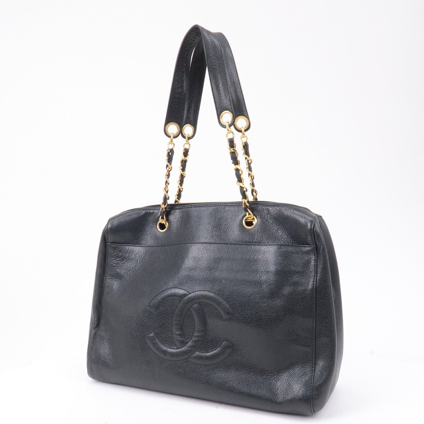 Chanel Caviar Skin Chain Tote Bag Shoulder Bag Gold Black