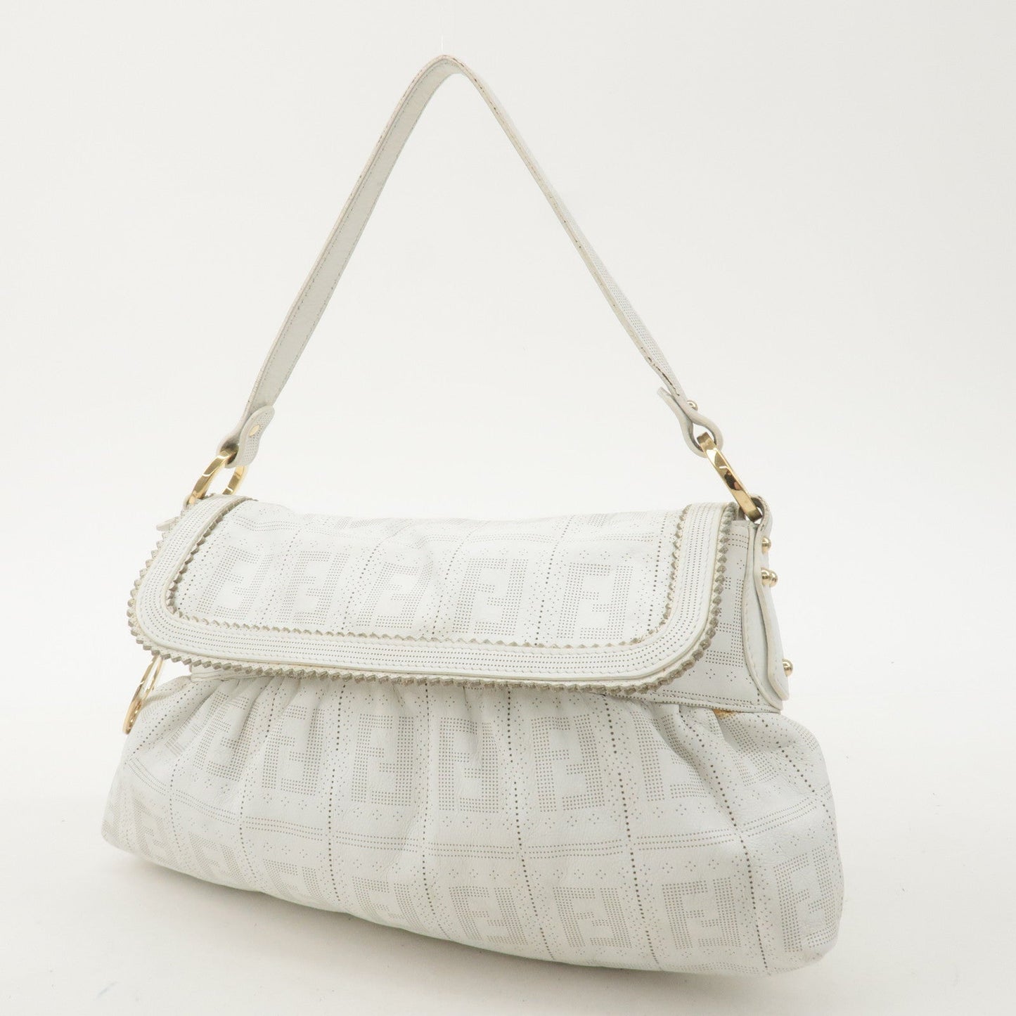 FENDI Zucca Leather Shoulder Bag Hand Bag White