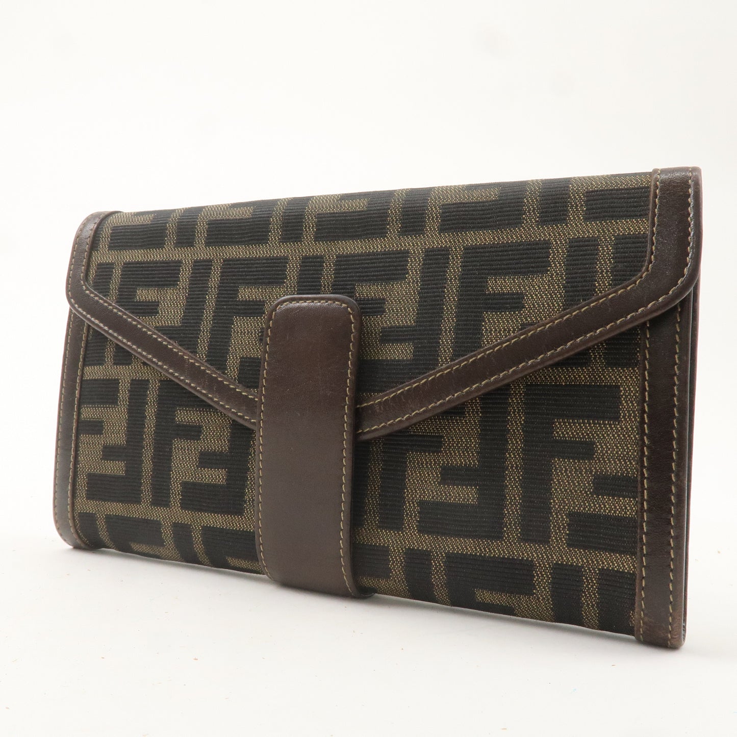 FENDI Zucca Canvas Leather Long Wallet Khaki Black Brown