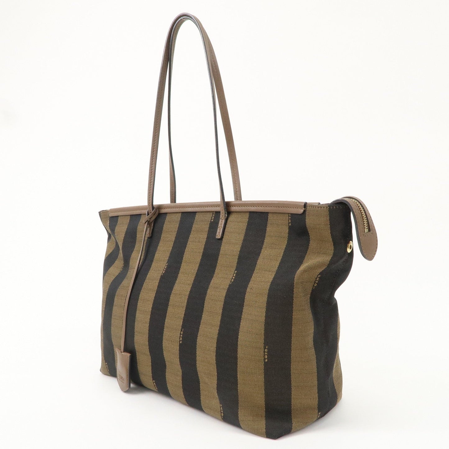 FENDI Pequin Canvas Leather Tote Bag Khaki Brown Black 8BH185