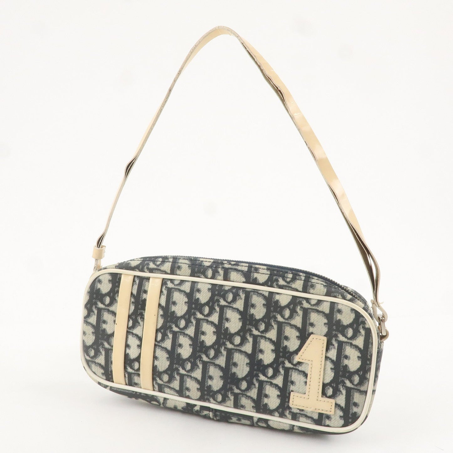 Christian Dior Trotter PVC Enamel Pouch Hand Bag Navy White
