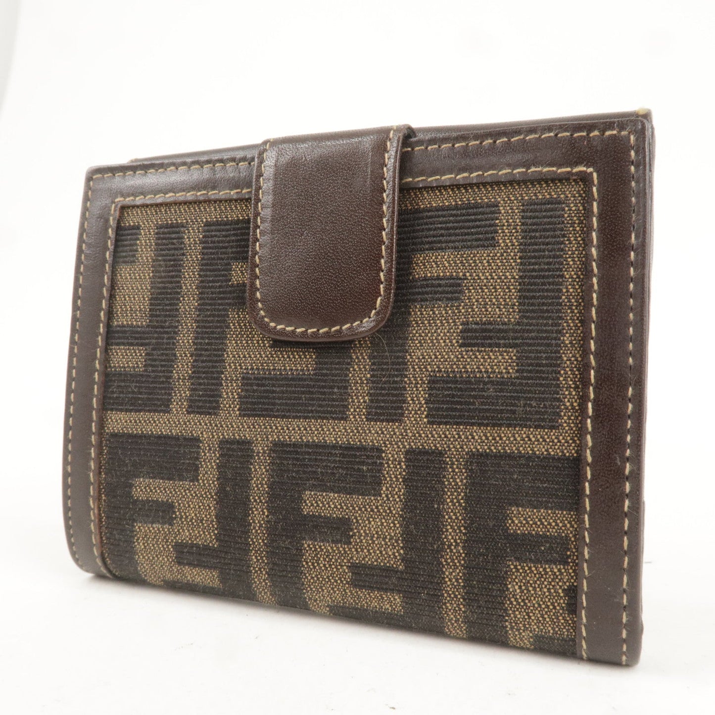 FENDI Zucca Canvas Leather Double Hook Wallet Brown Black 12671