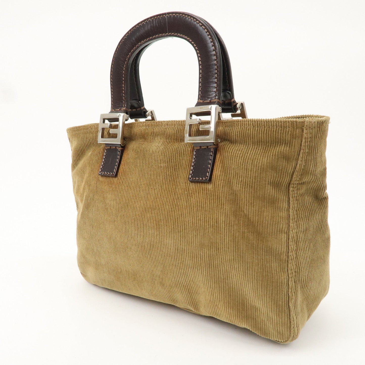 FENDI Corduroy Leather Hand Bag Tote Bag Brown 26693