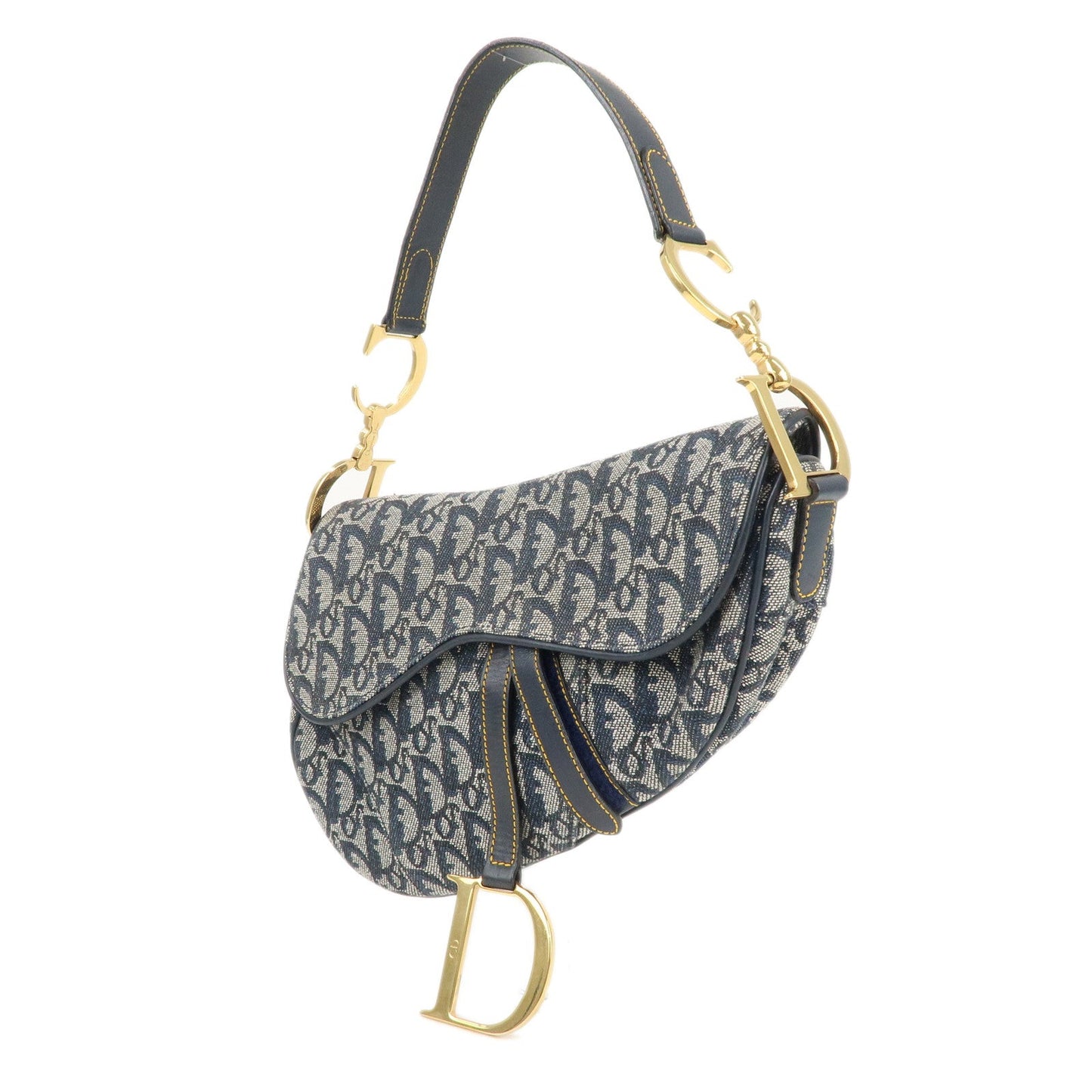 Christian Dior Saddle Bag Trotter Canvas Leather Shoulder Bag Navy