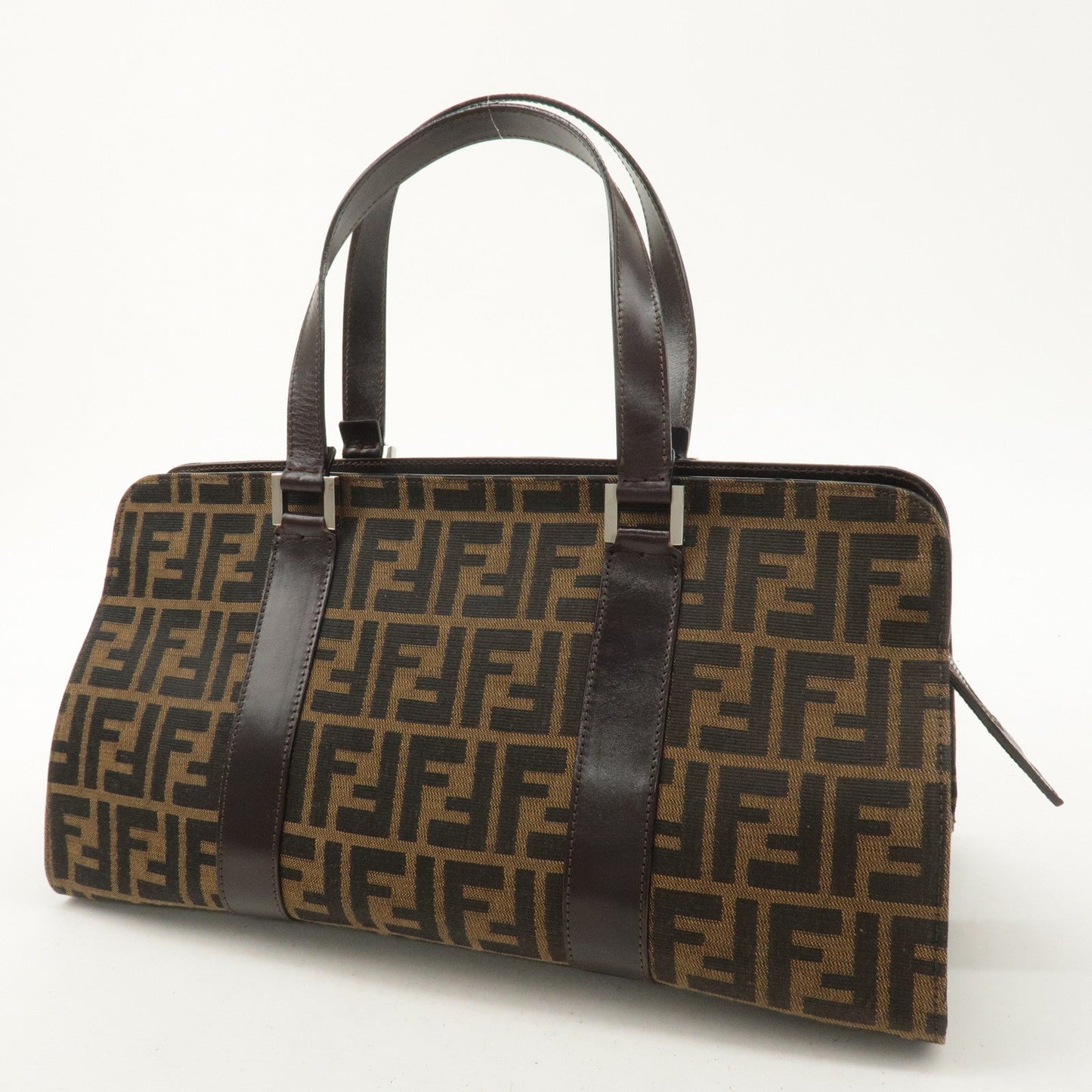 FENDI Zucca Canvas Leather Handbag Brown Black