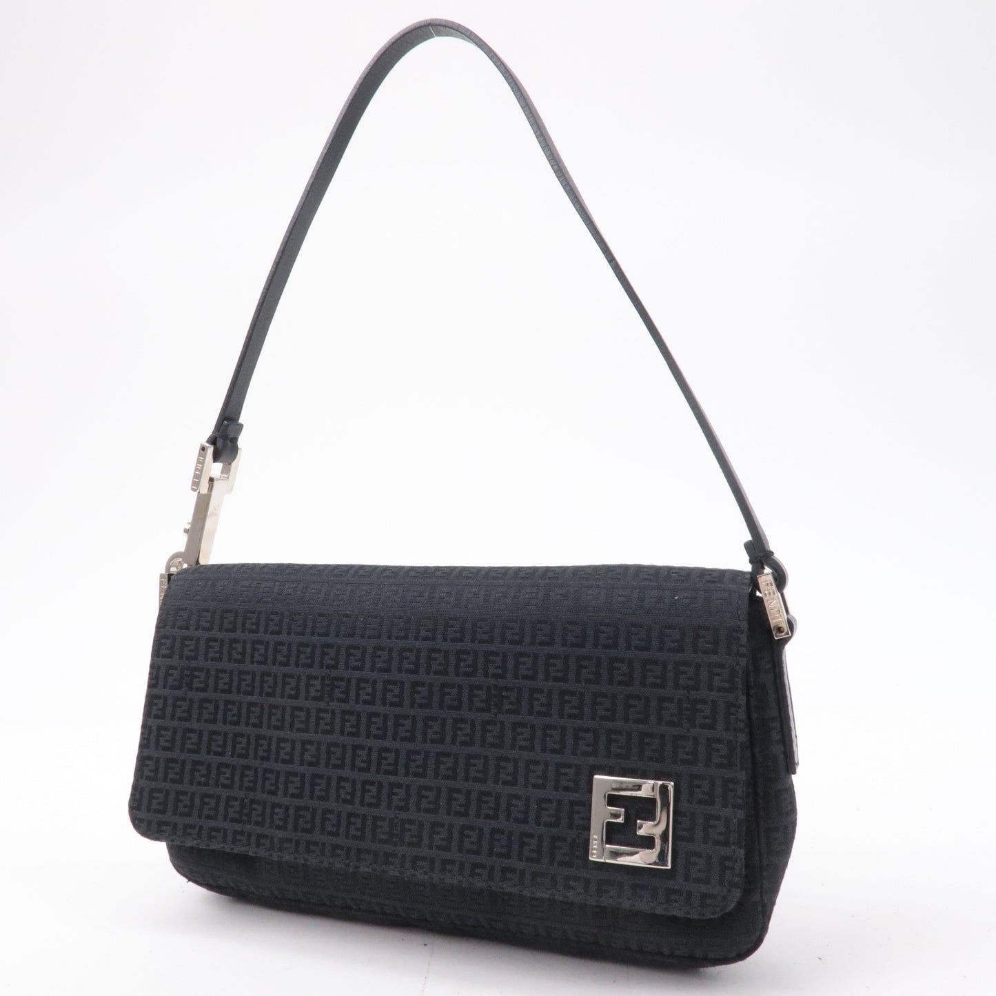 FENDI Mini Zucchino Canvas Leather Shoulder Bag Black 8BR163