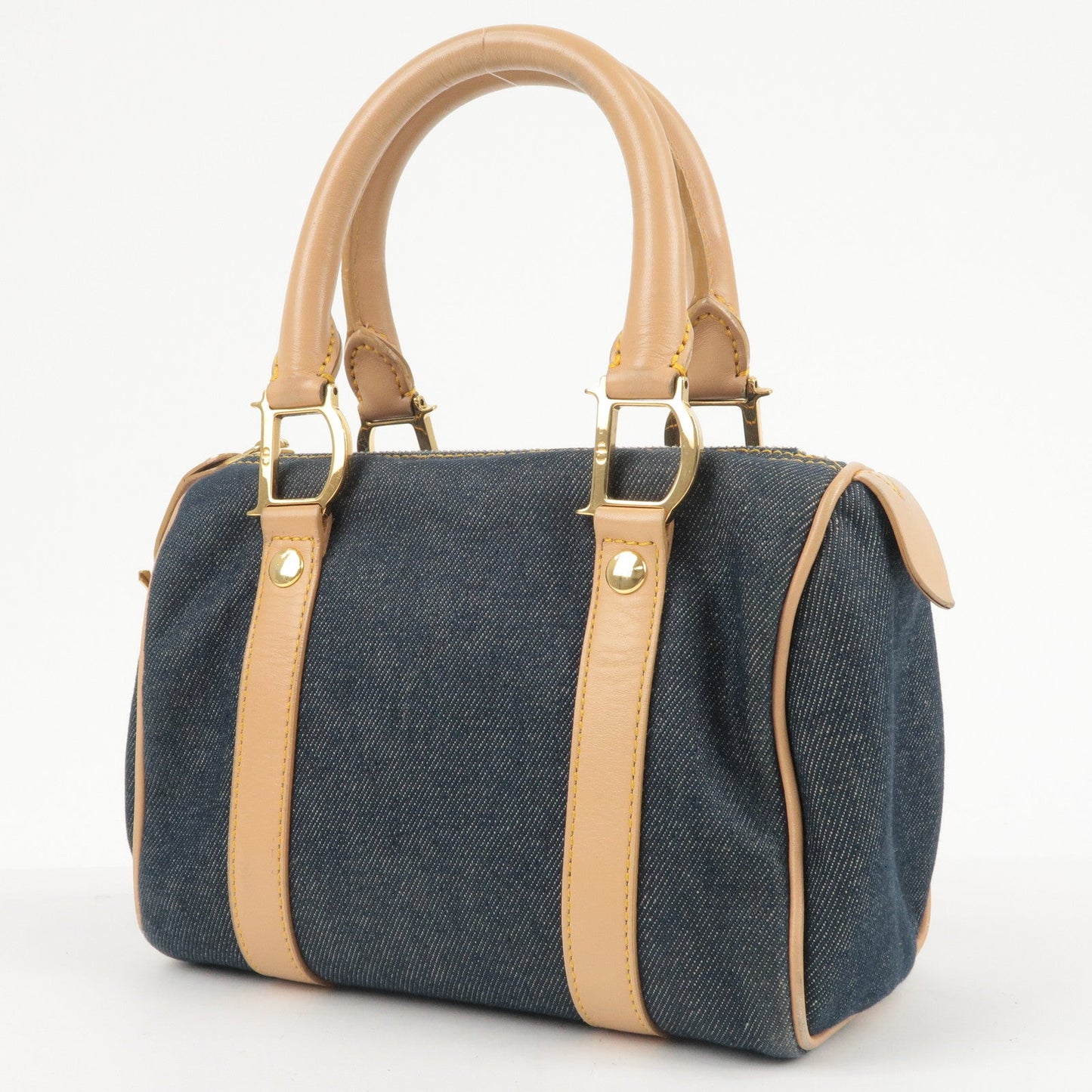 Christian Dior Denim Leather Small Boston Bag Navy Beige