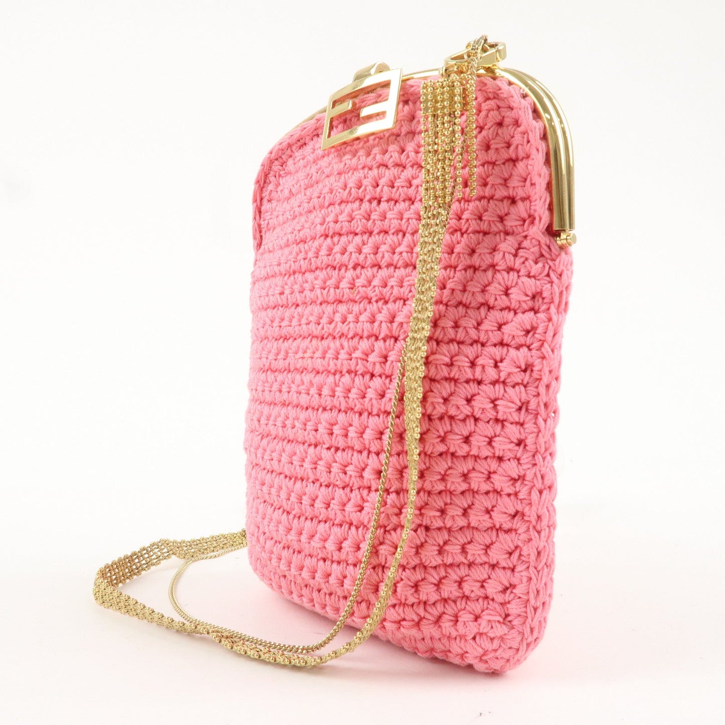 FENDI Baguette Knit Cell Phone Case Shoulder Bag Pink 7AR966