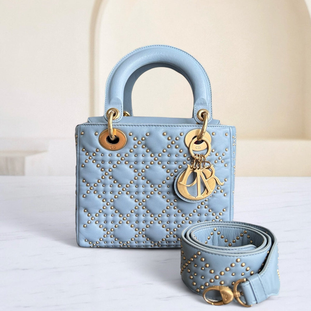 Dior Lady Small Flap - Cannage Calfskin Studded Blue Gold Hardware
