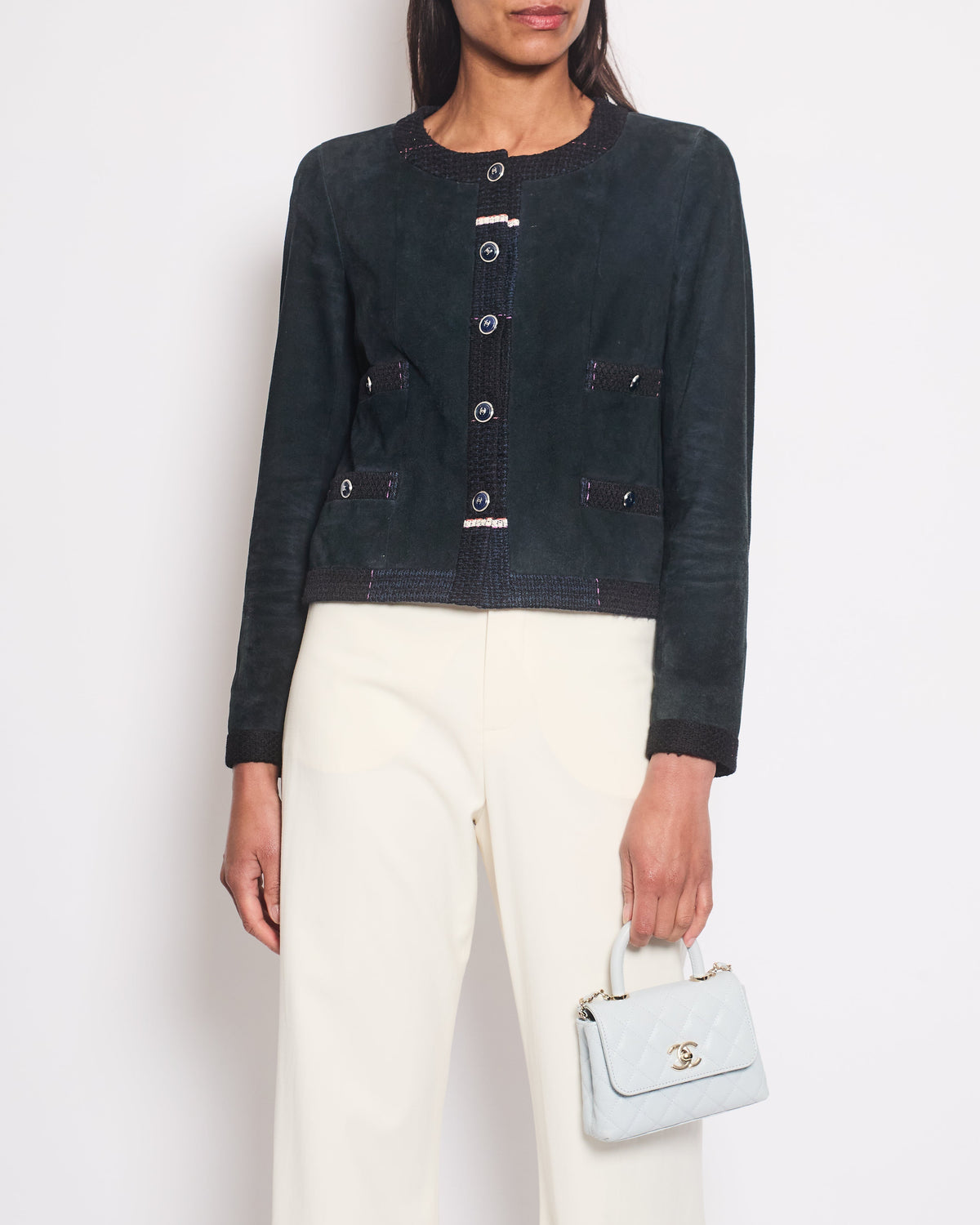 Chanel Navy Suede CC Button Up Jacket With Blue Tweed Trim & Pocket Detail Size FR 38 (UK 10)