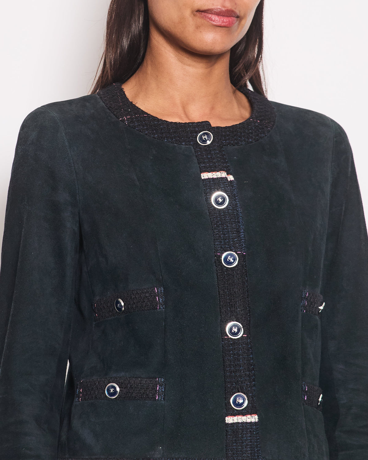 Chanel Navy Suede CC Button Up Jacket With Blue Tweed Trim & Pocket Detail Size FR 38 (UK 10)