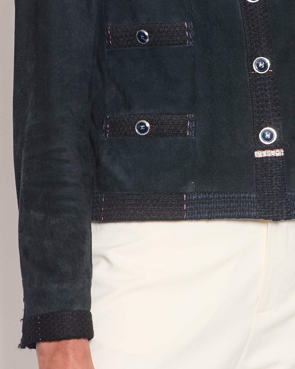Chanel Navy Suede CC Button Up Jacket With Blue Tweed Trim & Pocket Detail Size FR 38 (UK 10)