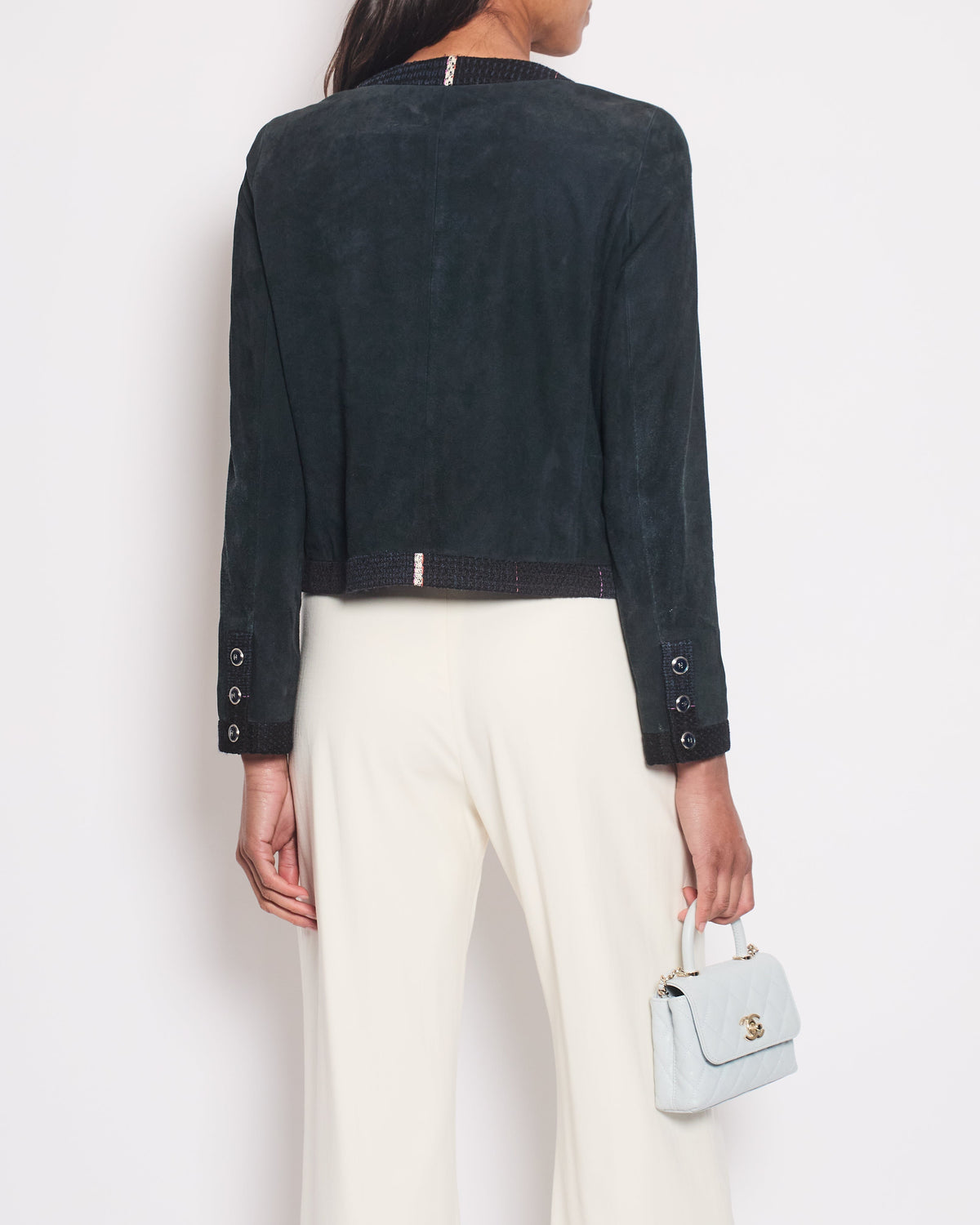 Chanel Navy Suede CC Button Up Jacket With Blue Tweed Trim & Pocket Detail Size FR 38 (UK 10)