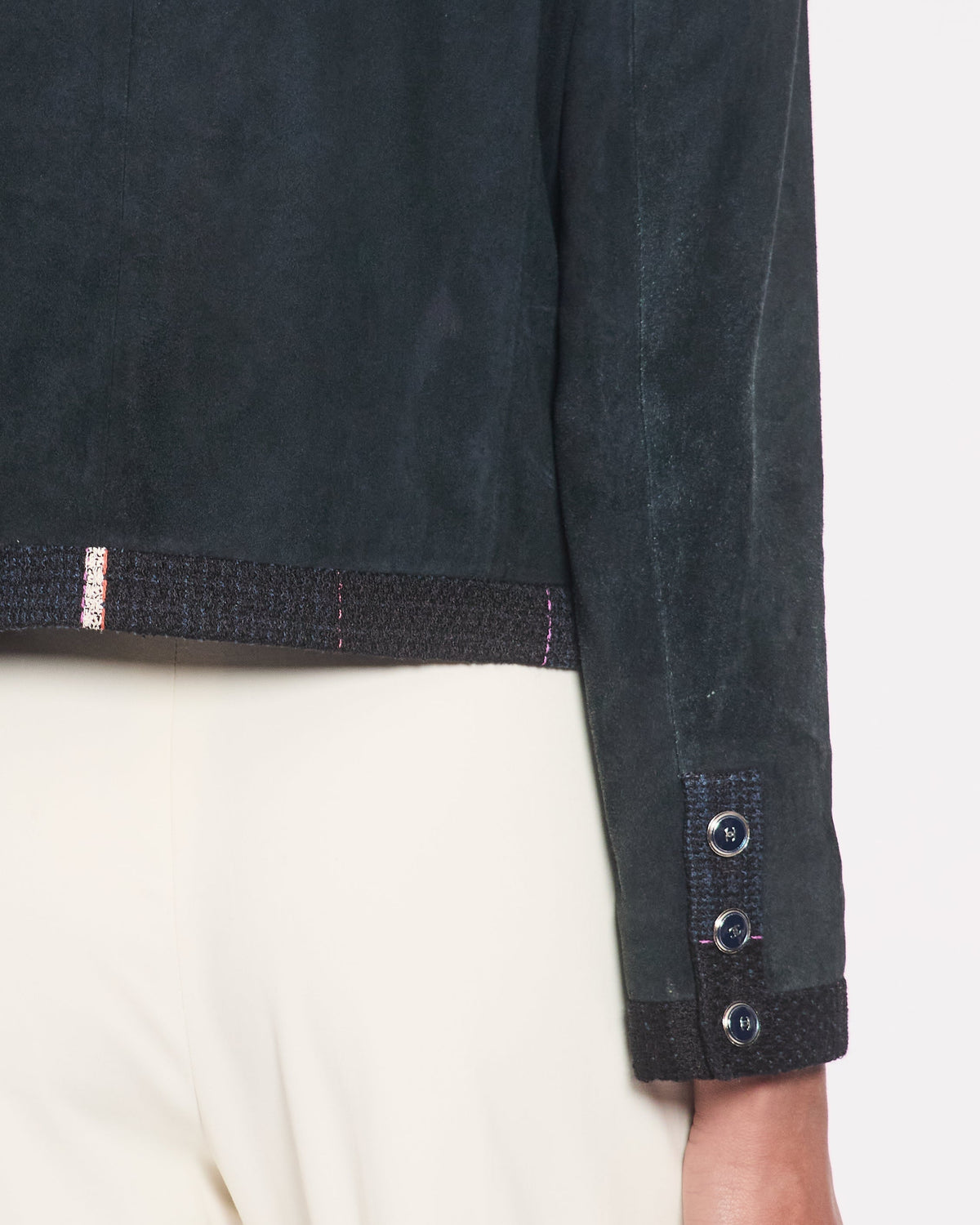 Chanel Navy Suede CC Button Up Jacket With Blue Tweed Trim & Pocket Detail Size FR 38 (UK 10)