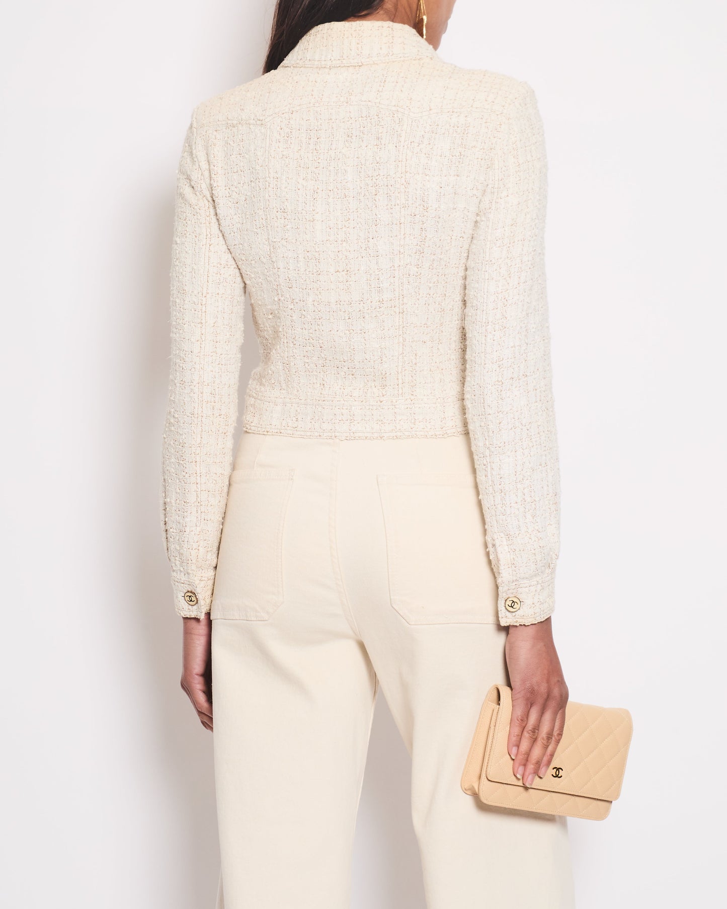*HOT* Chanel 01P Cream Tweed Long Sleeve Cropped Jacket with CC Beige Buttons Detail Size FR 38 (UK 10)