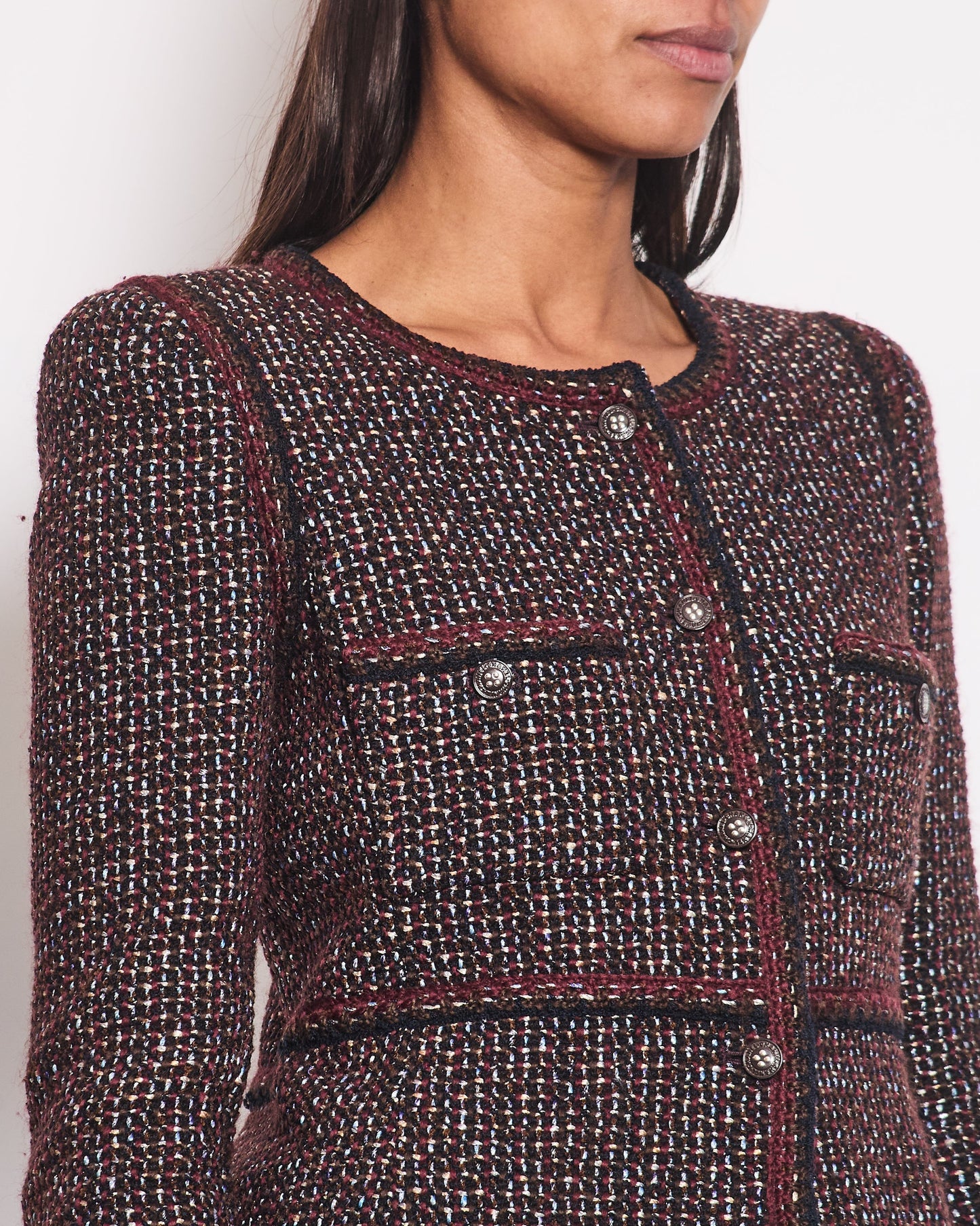 Chanel 02A Navy & Burgundy Multicolour Tweed Long Sleeve Jacket with Brown Buttons Detail Size FR 38 (UK 10)