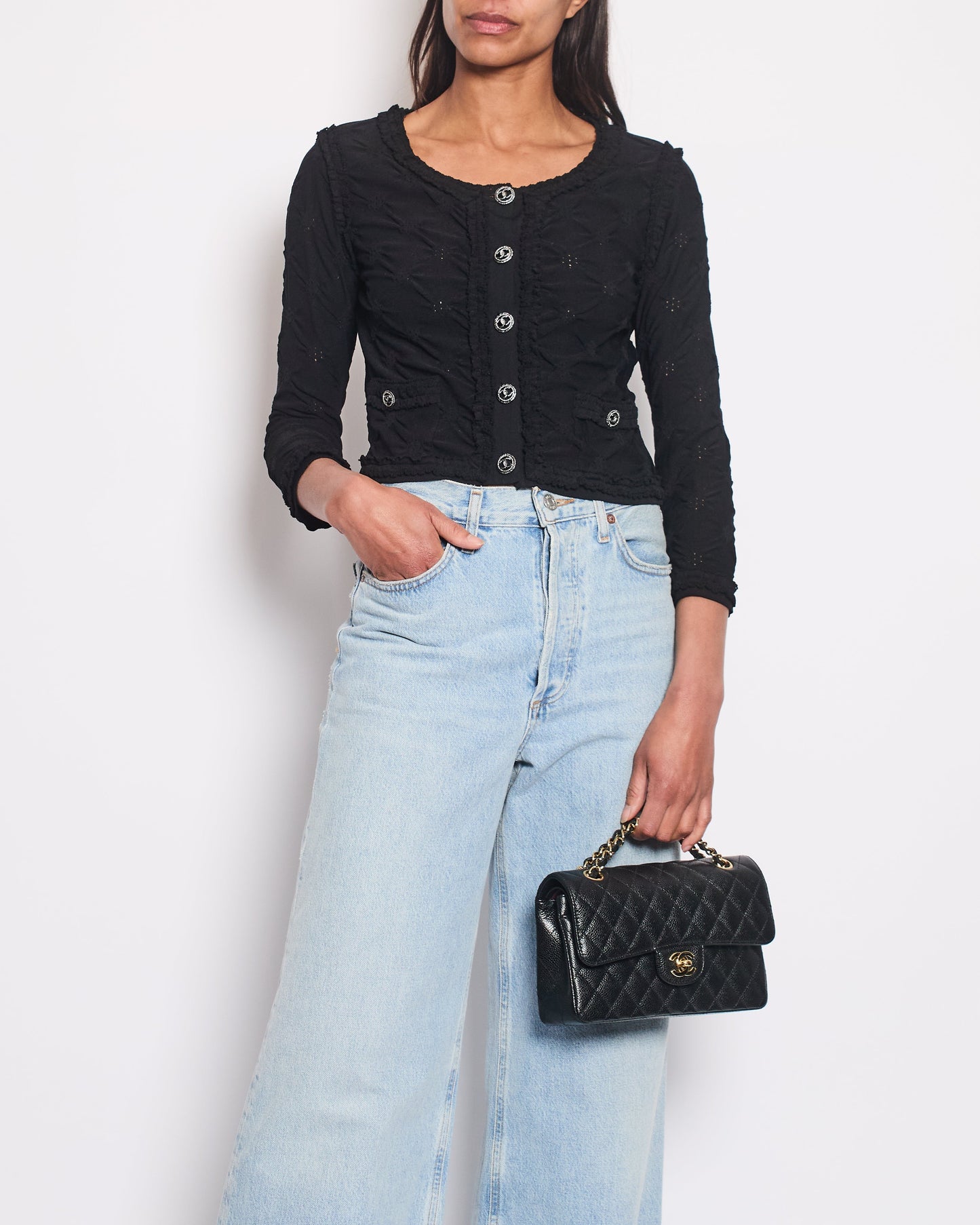 *HOT* Chanel Black Stretch-Jersey igan with Ruthenium CC Buttons Detail Size FR 36 (UK 8)