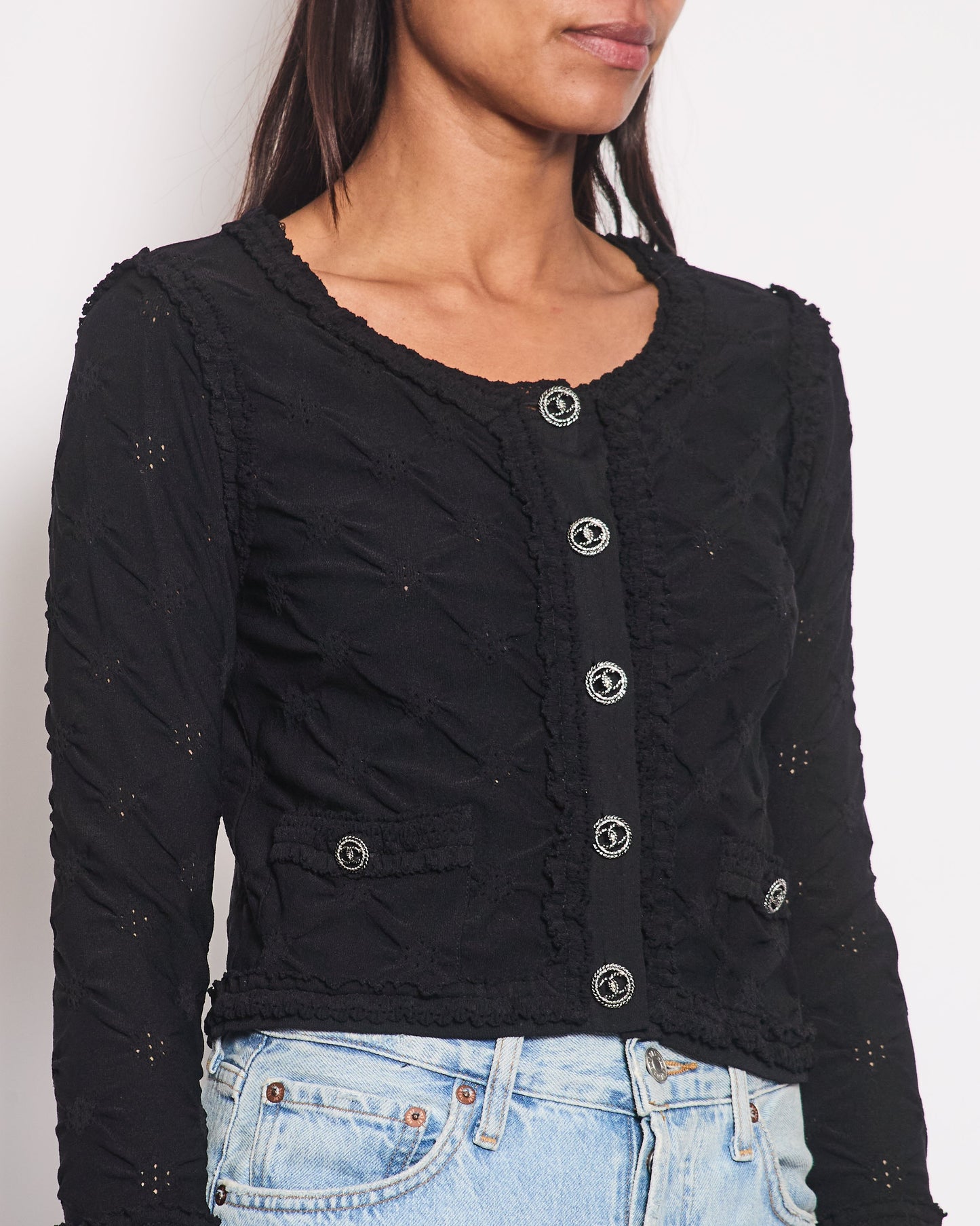 *HOT* Chanel Black Stretch-Jersey igan with Ruthenium CC Buttons Detail Size FR 36 (UK 8)