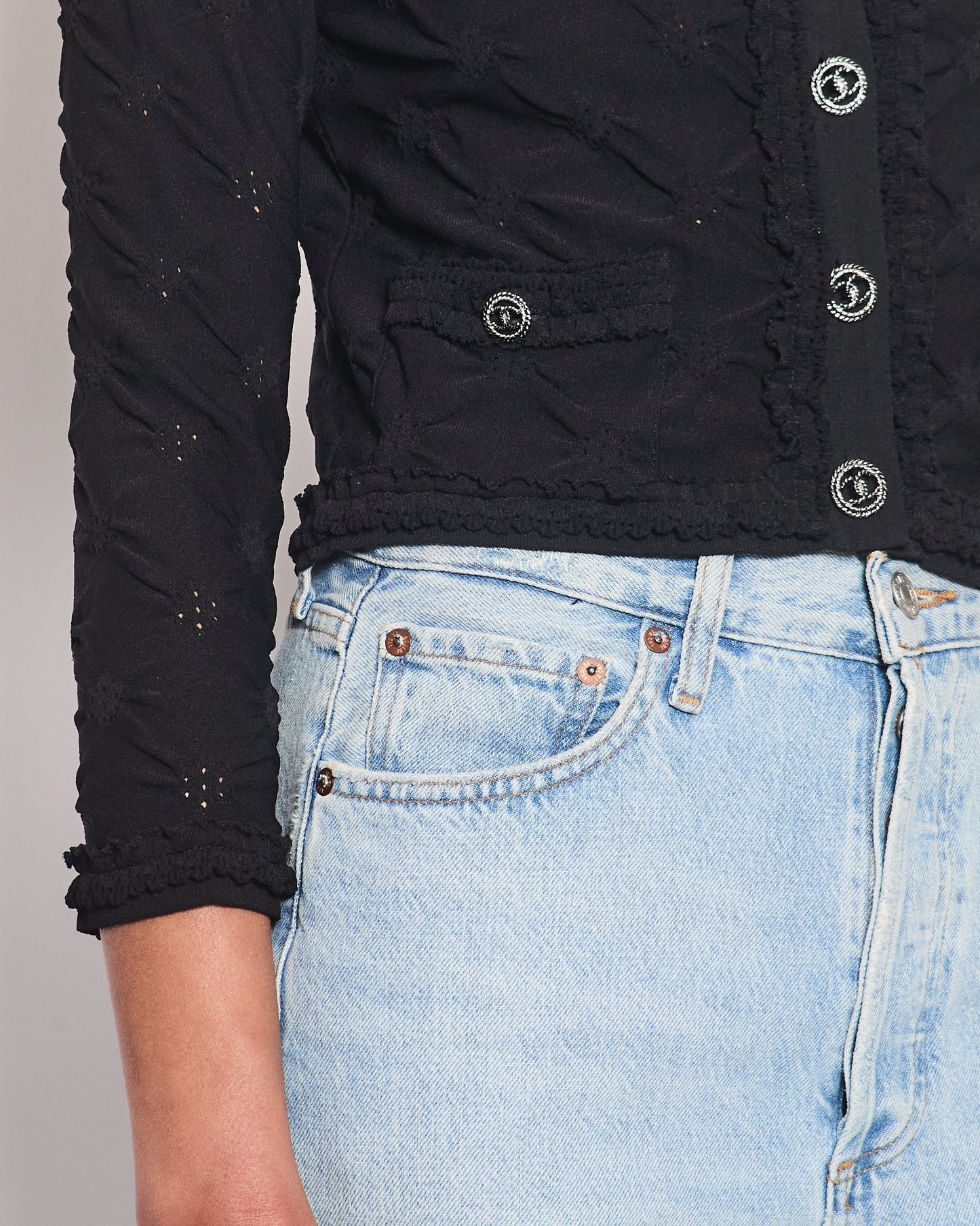 *HOT* Chanel Black Stretch-Jersey igan with Ruthenium CC Buttons Detail Size FR 36 (UK 8)