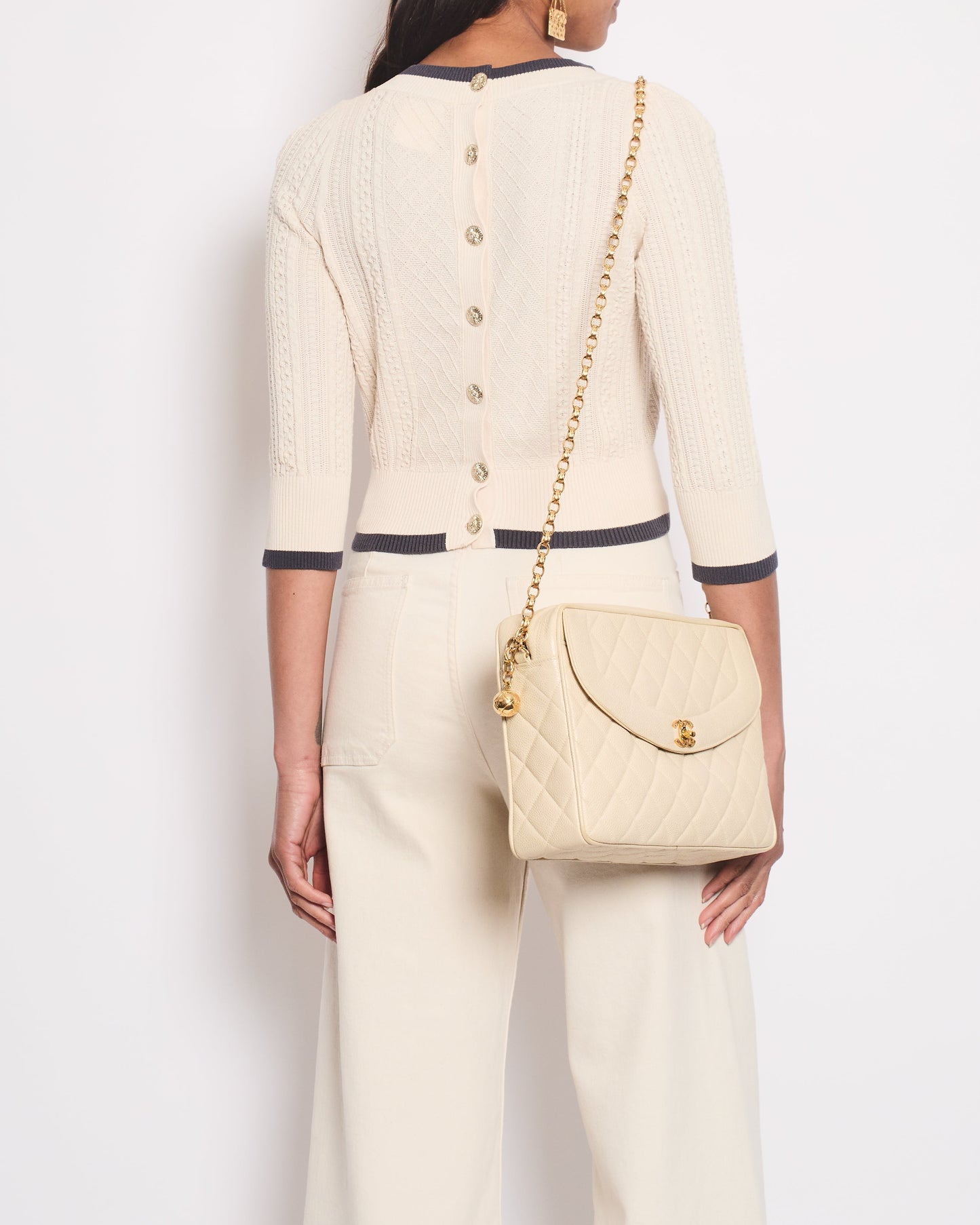 Chanel Cream Knitted Long Sleeve igan With Dark Grey Trim and Gold Buttons Details Size FR 38 (UK 10)
