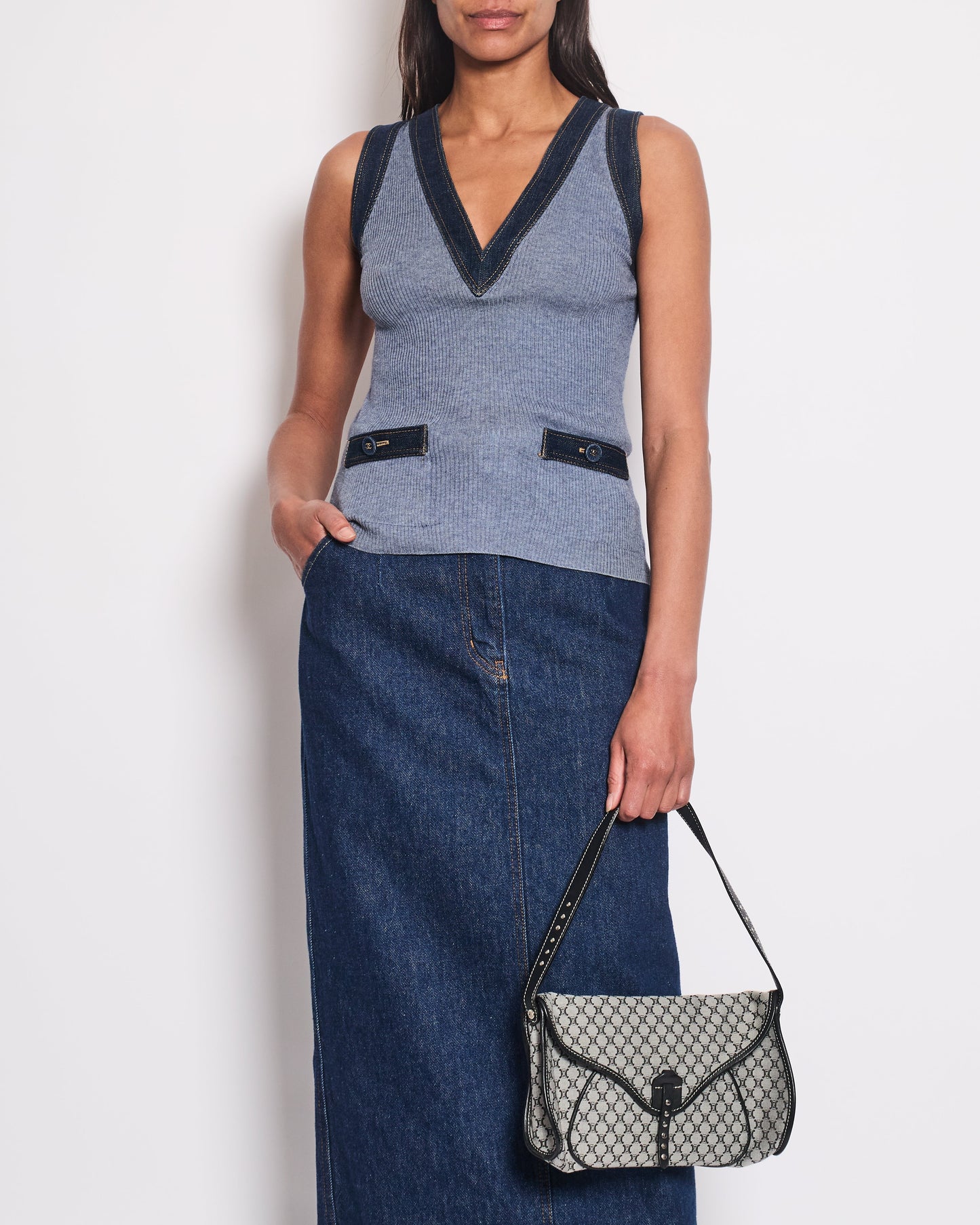 *HOT & RARE* Chanel 07P Blue Sleeveless Top and igan Set with Denim Detail and CC Buttons Size FR 36/38 (UK 8/10)