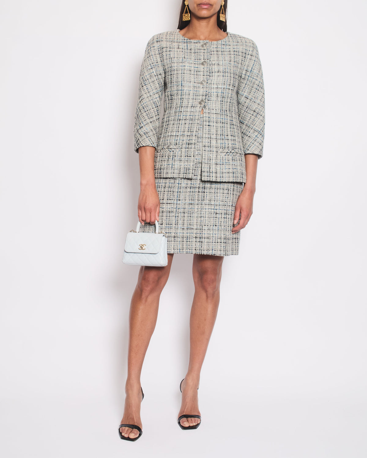 Chanel Grey and Blue Striped Tweed Jacket & Skirt Set with CC Logo Button Details Size FR 36 (UK 8)
