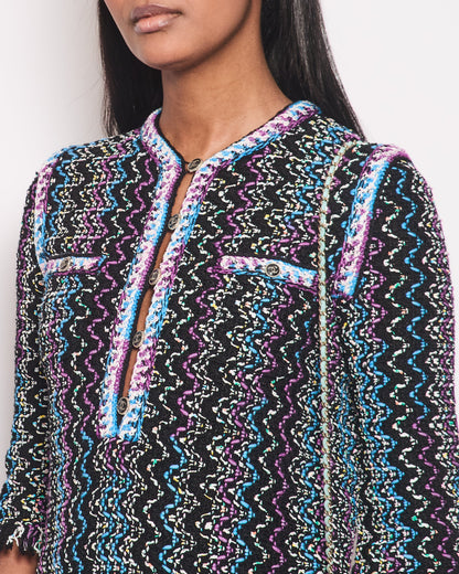 Chanel Black, Turquoise & Purple Zig Zag Dress with Frayed Edge Size FR 34 (UK 6)