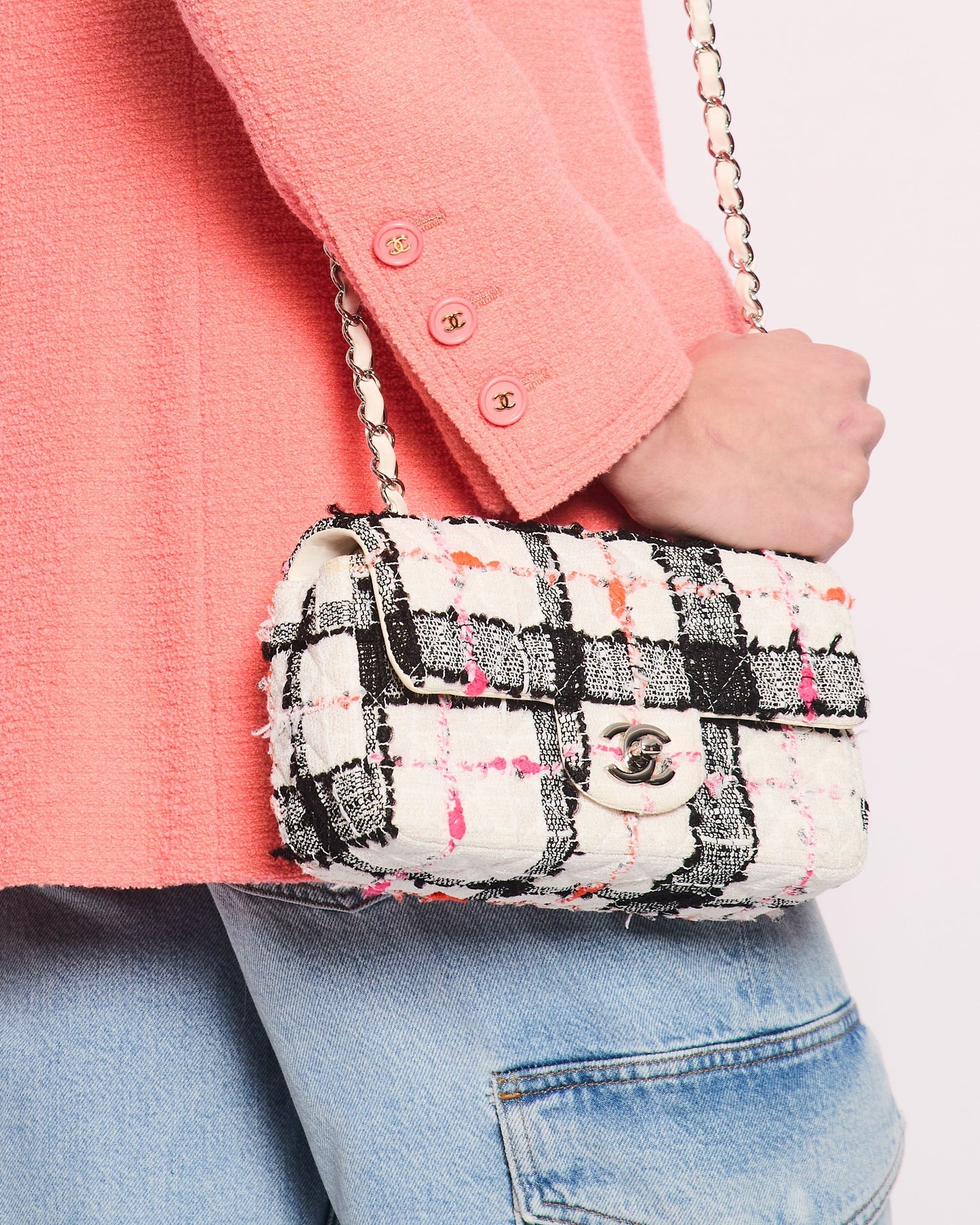 *HOT* Chanel White Tweed Mini Rectangular Single Flap Bag with Black & White Details and Silver Hardware